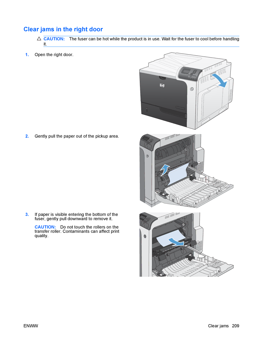 HP CP4025DN Laser CC490A manual Clear jams in the right door 