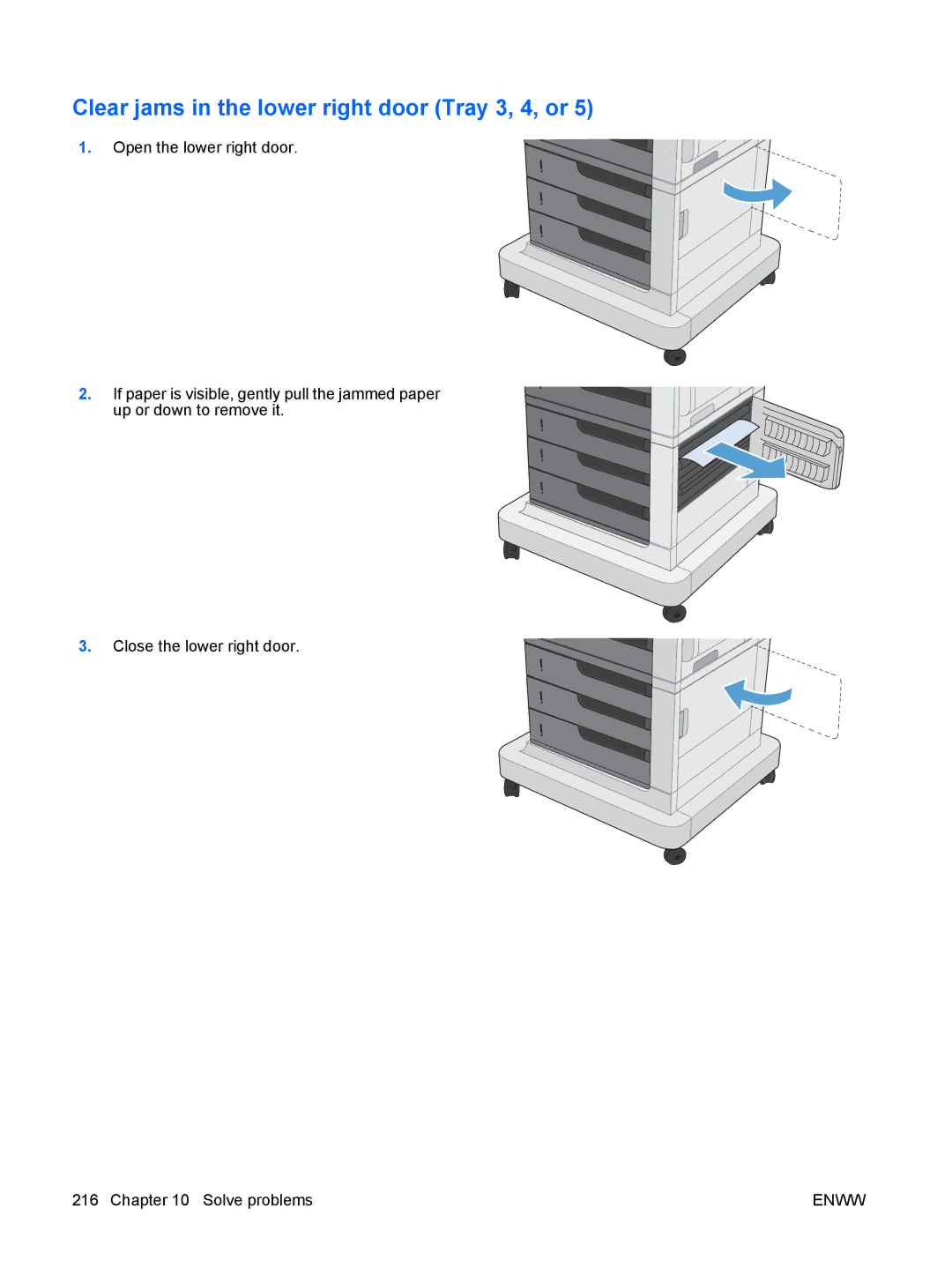 HP CP4025DN Laser CC490A manual Clear jams in the lower right door Tray 3, 4, or 