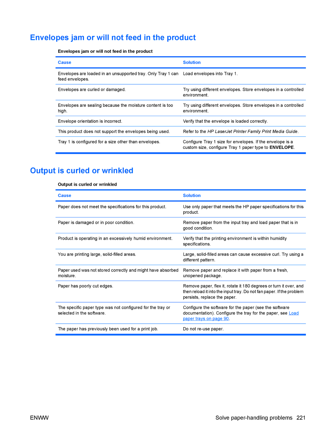 HP CP4025DN Laser CC490A manual Envelopes jam or will not feed in the product, Output is curled or wrinkled 