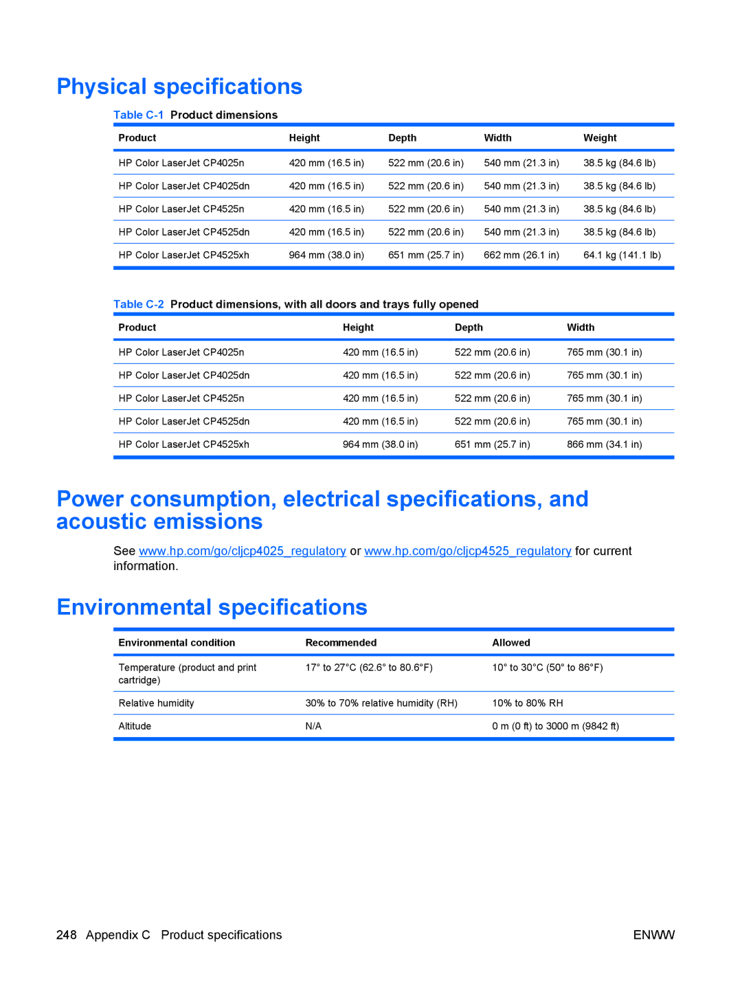 HP CP4025DN Laser CC490A manual Physical specifications, Product Height Depth Width Weight 