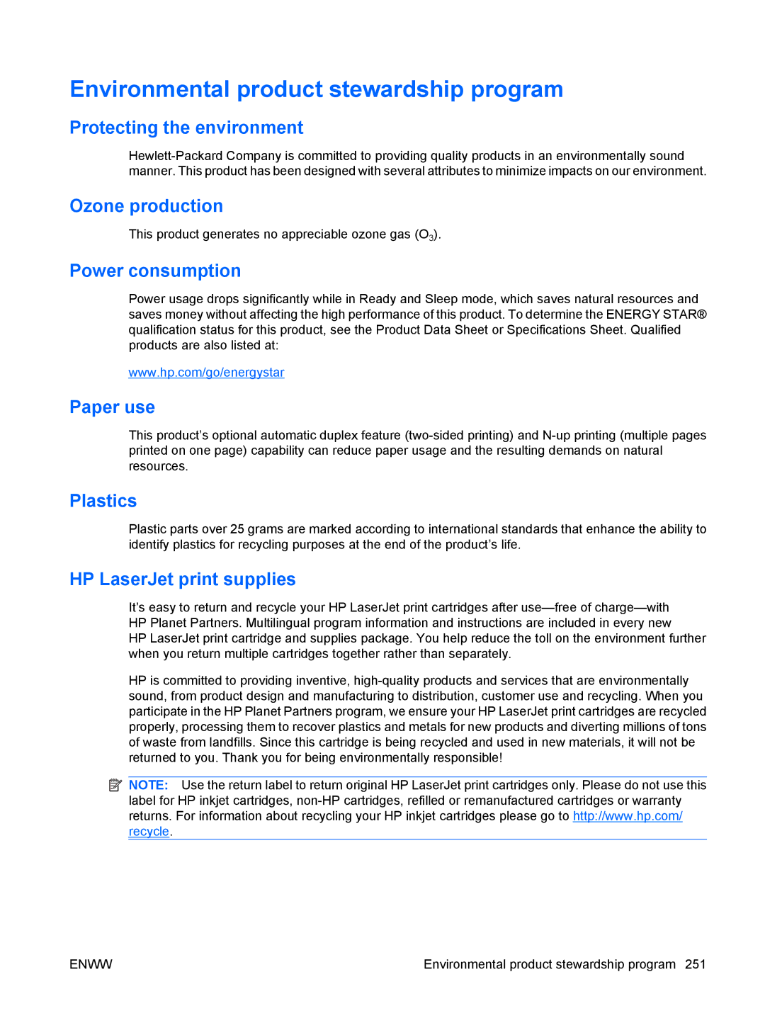 HP CP4025DN Laser CC490A manual Environmental product stewardship program 