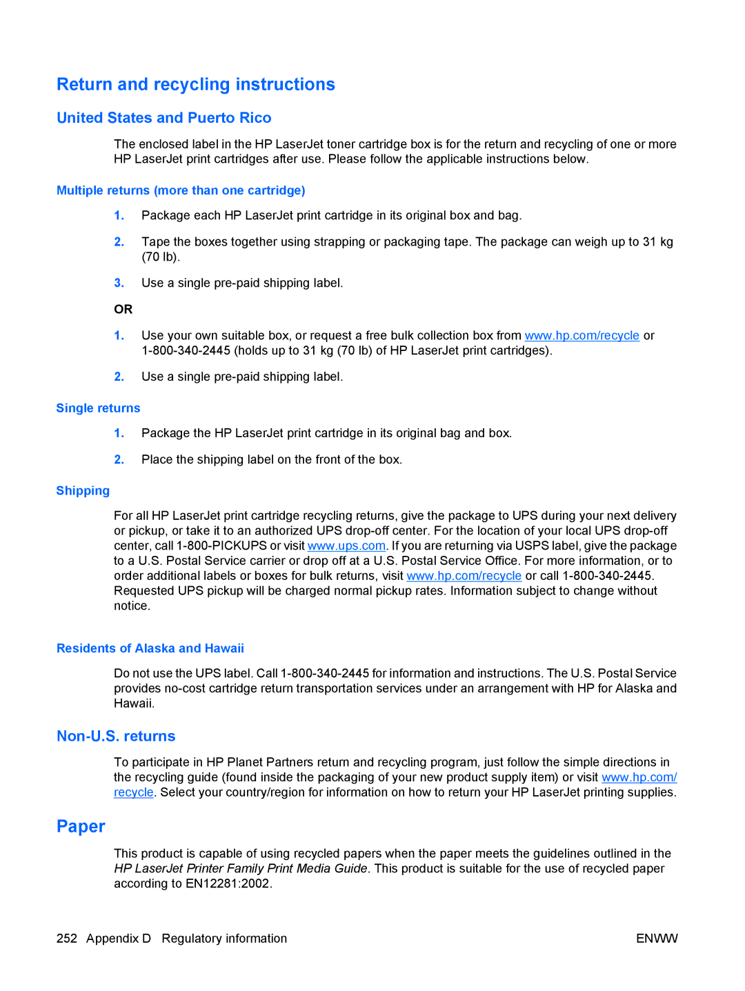 HP CP4025DN Laser CC490A manual Return and recycling instructions, Paper, United States and Puerto Rico, Non-U.S. returns 