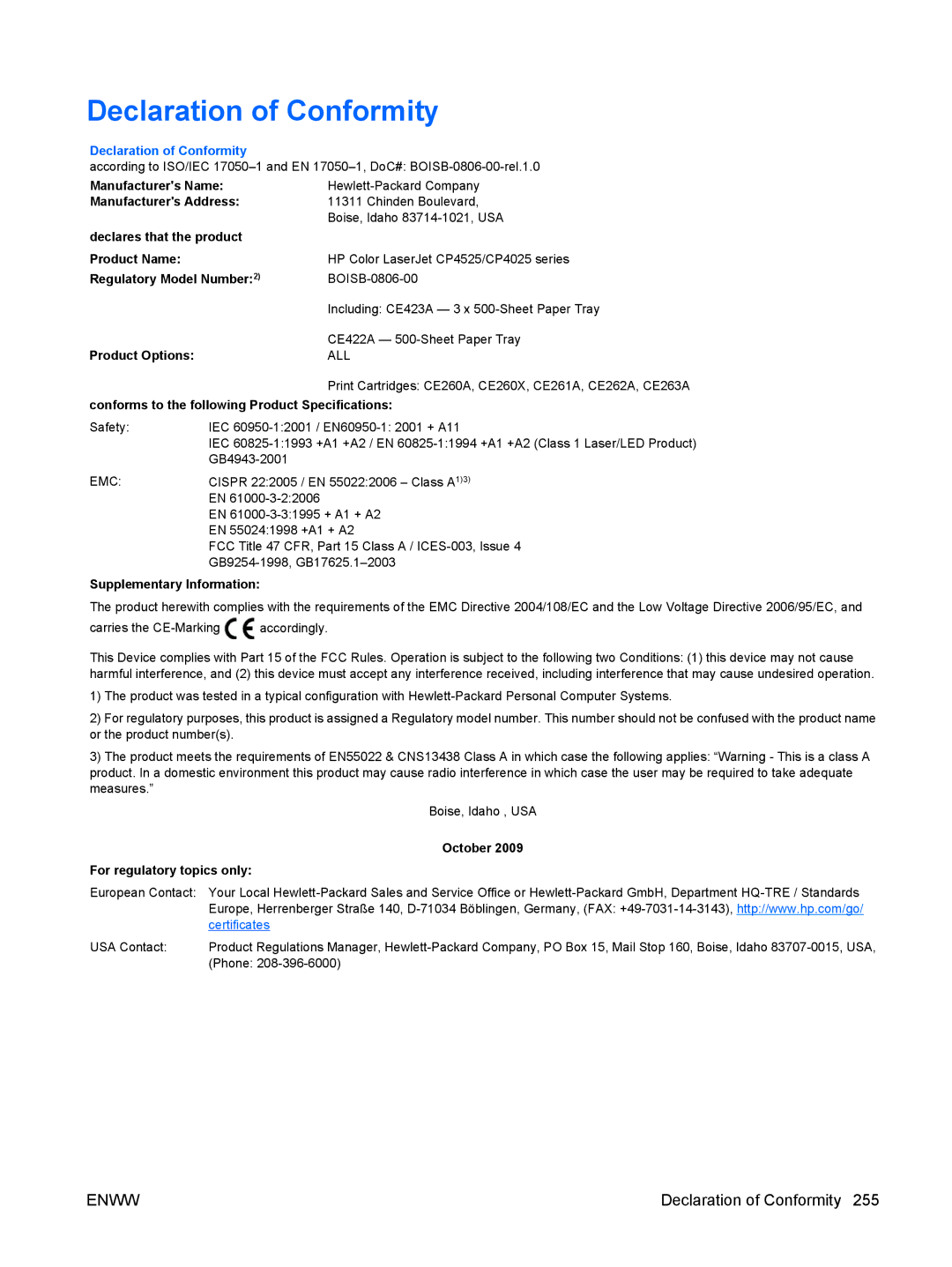 HP CP4025DN Laser CC490A manual Declaration of Conformity 