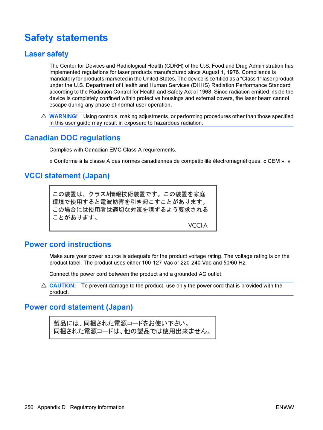 HP CP4025DN Laser CC490A manual Safety statements, Laser safety, Canadian DOC regulations, Power cord statement Japan 