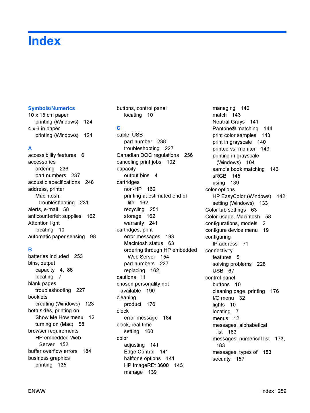 HP CP4025DN Laser CC490A manual Index, Symbols/Numerics 