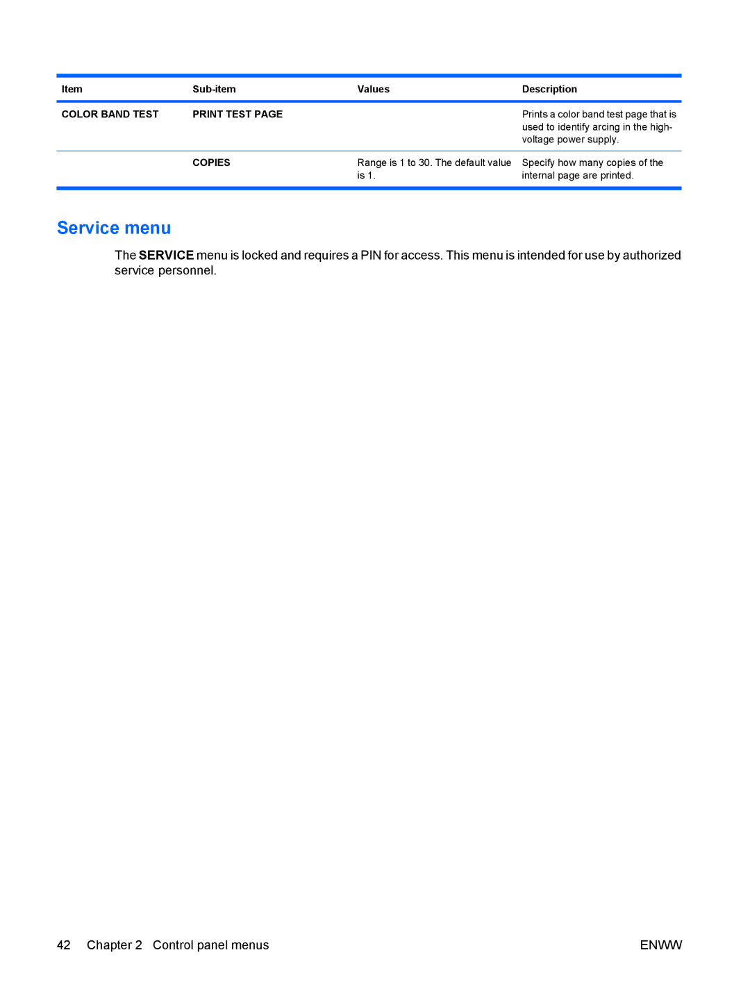 HP CP4025DN Laser CC490A manual Service menu, Color Band Test Print Test, Used to identify arcing in the high 