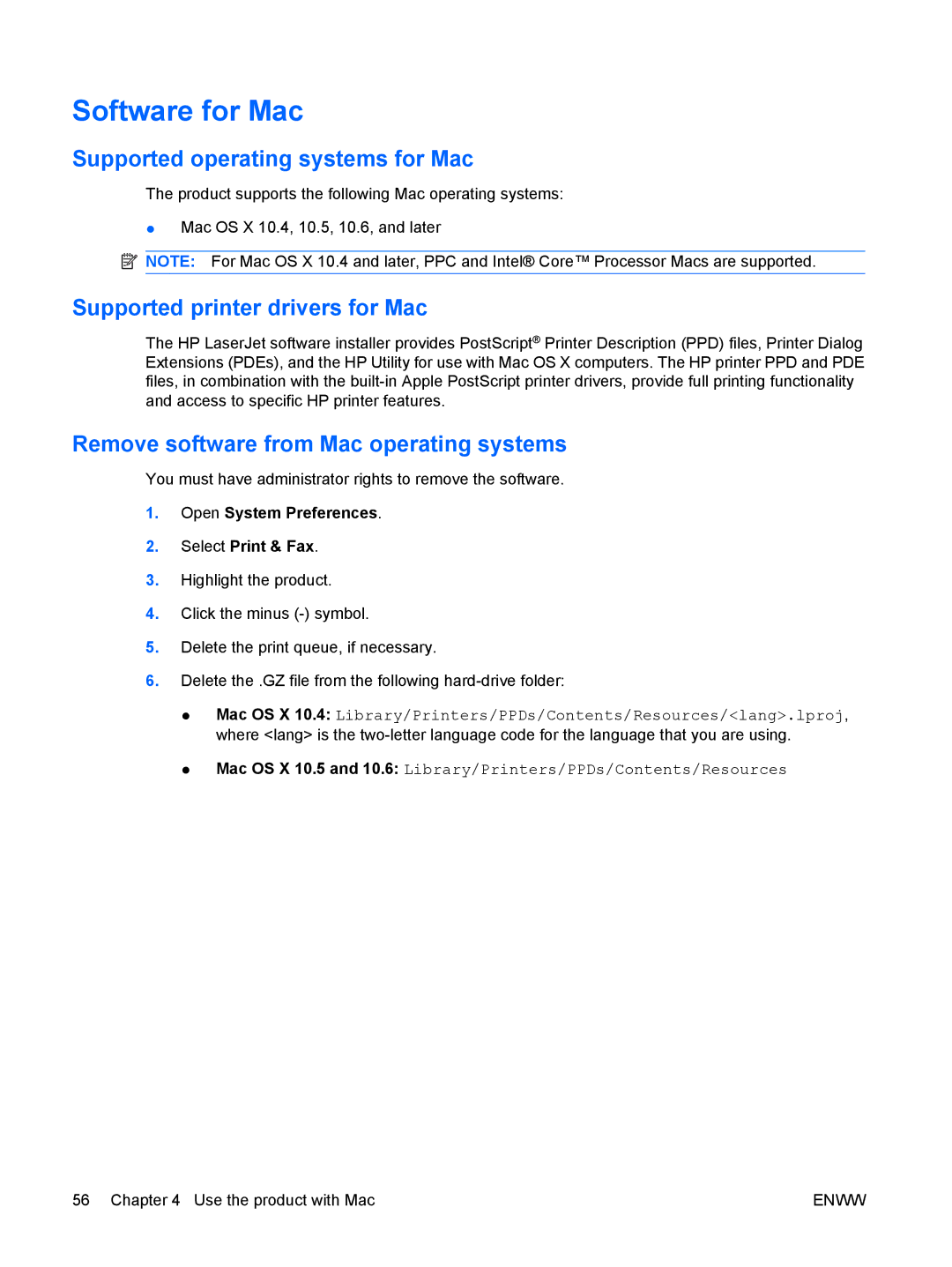 HP CP4025DN Laser CC490A manual Software for Mac, Supported operating systems for Mac, Supported printer drivers for Mac 