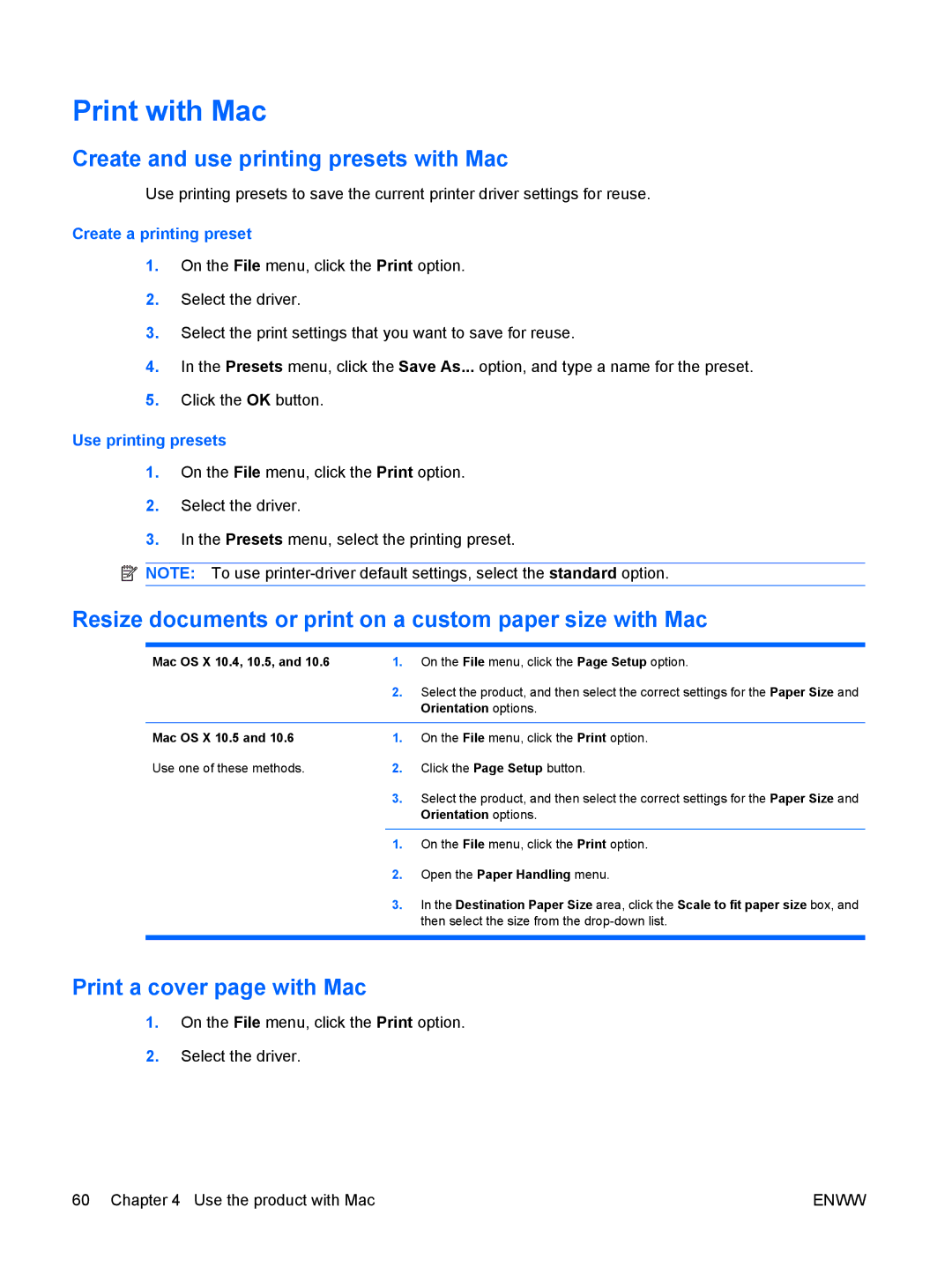 HP CP4025DN Laser CC490A manual Print with Mac, Create and use printing presets with Mac, Print a cover page with Mac 