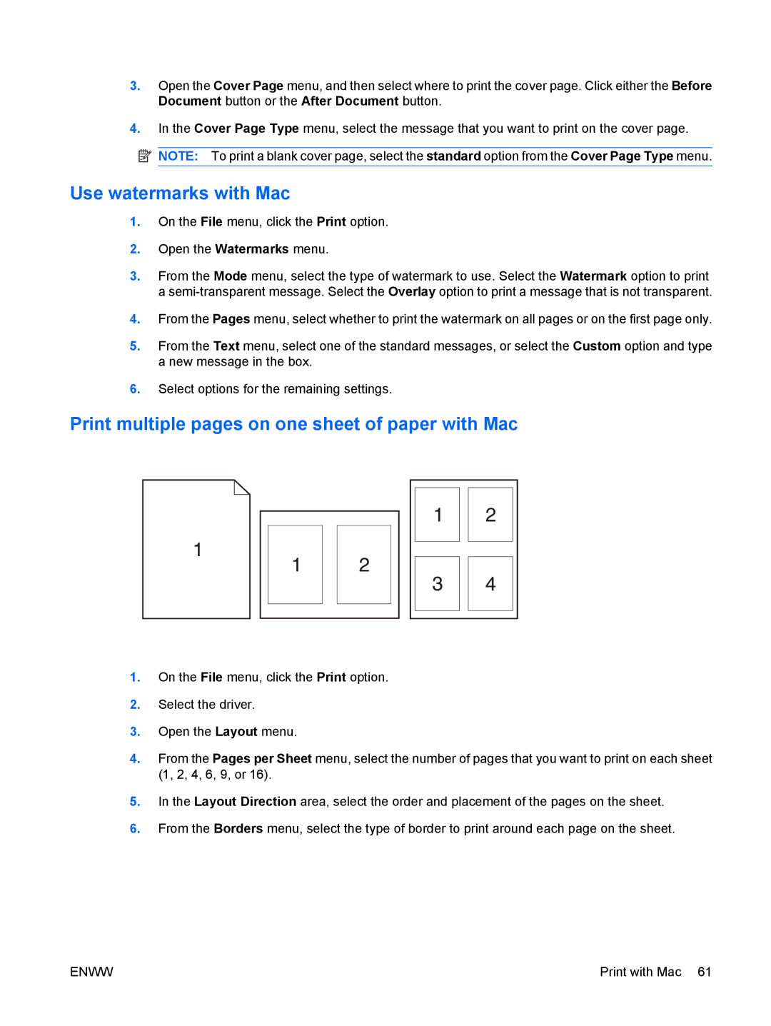 HP CP4025DN Laser CC490A manual Use watermarks with Mac, Print multiple pages on one sheet of paper with Mac 