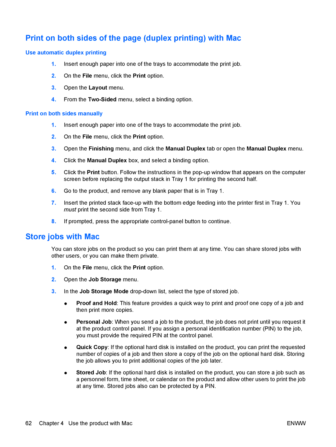 HP CP4025DN Laser CC490A manual Print on both sides of the page duplex printing with Mac, Store jobs with Mac 