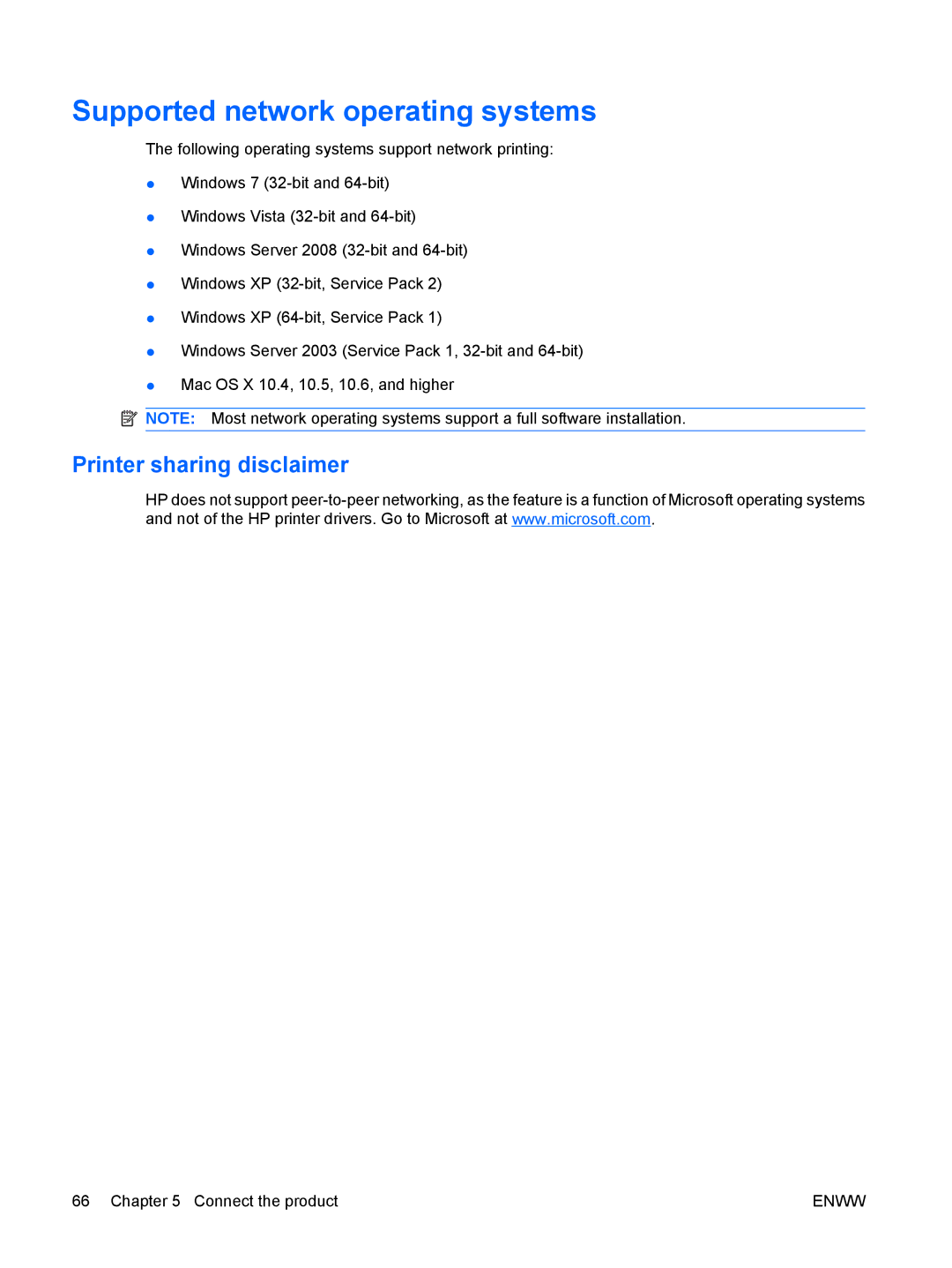 HP CP4025DN Laser CC490A manual Supported network operating systems, Printer sharing disclaimer 