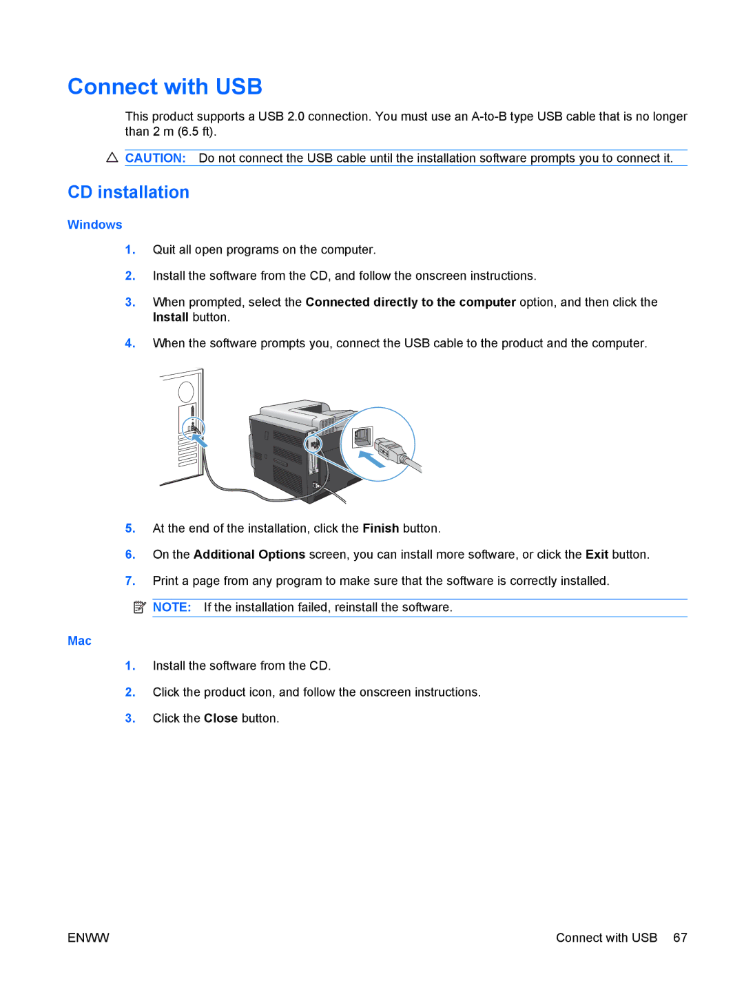 HP CP4025DN Laser CC490A manual Connect with USB, CD installation, Mac 