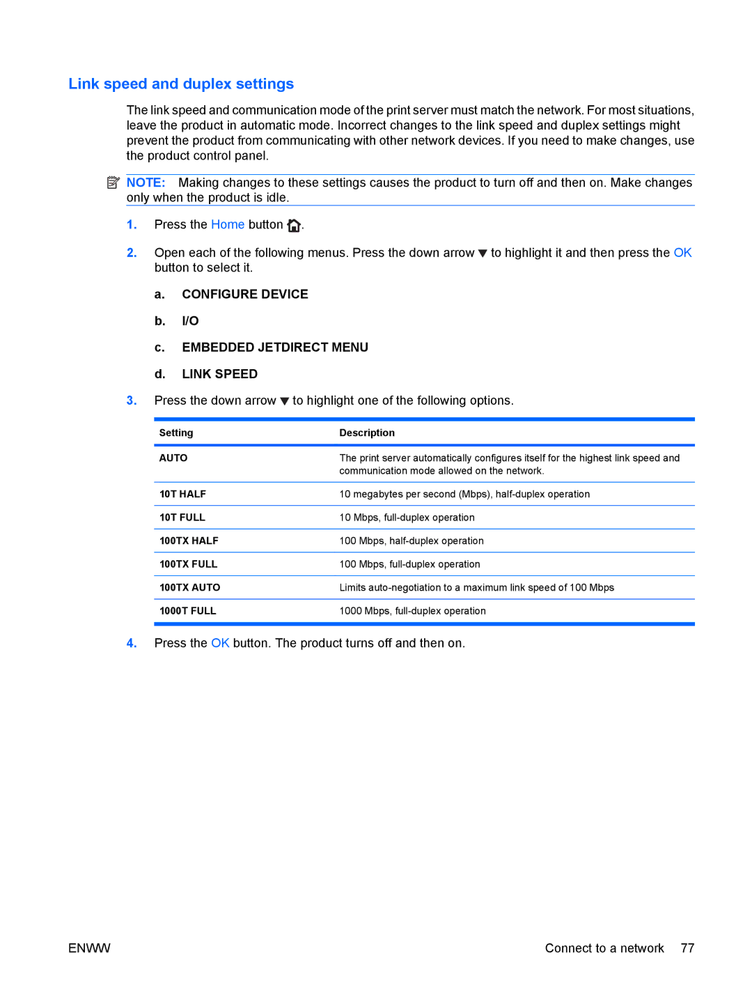 HP CP4025DN Laser CC490A manual Link speed and duplex settings, Setting Description 