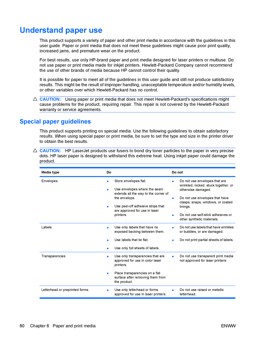 HP CP4025DN Laser CC490A manual Understand paper use, Special paper guidelines, Media type 