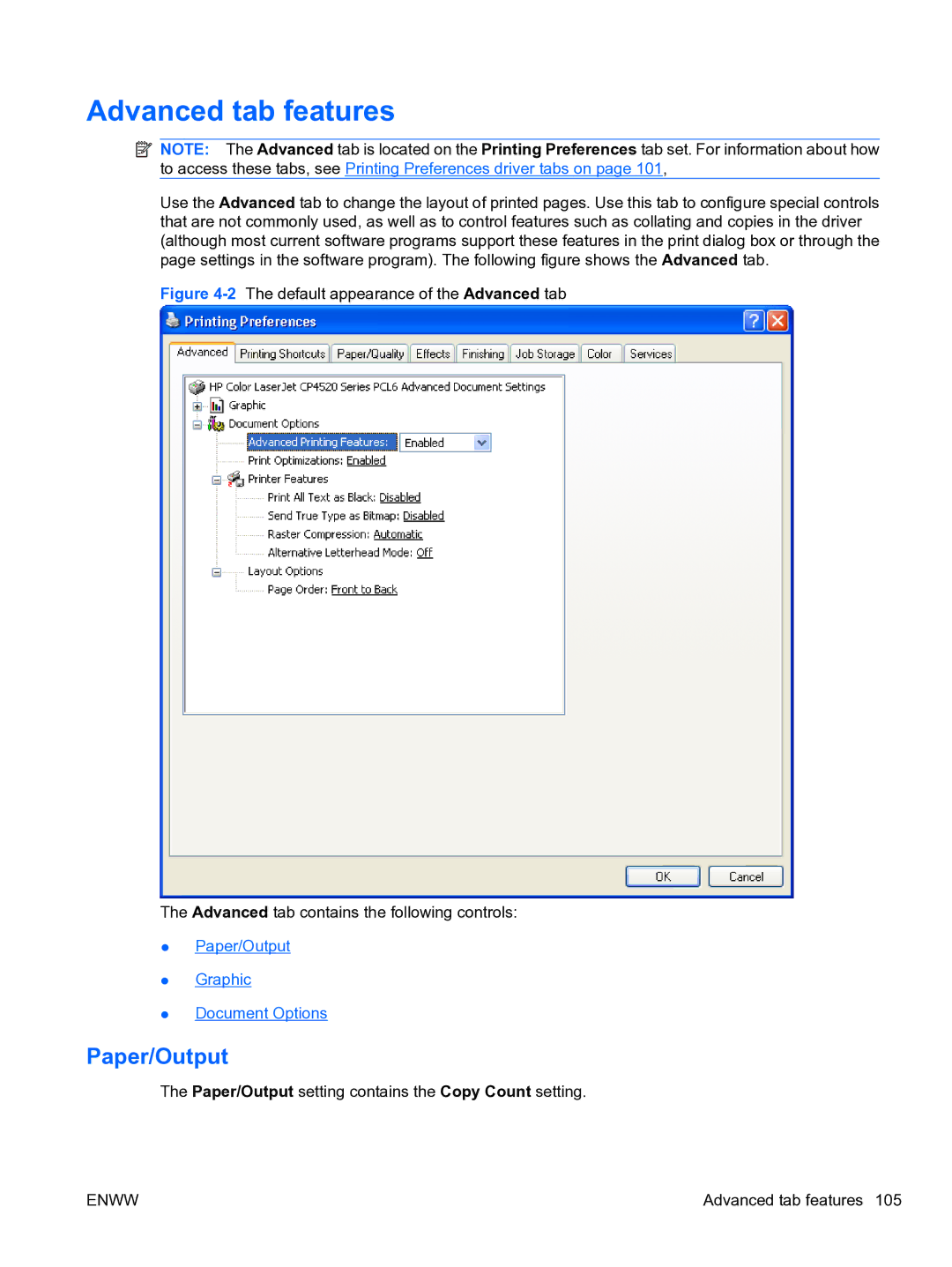 HP CP4520 manual Advanced tab features, Paper/Output 