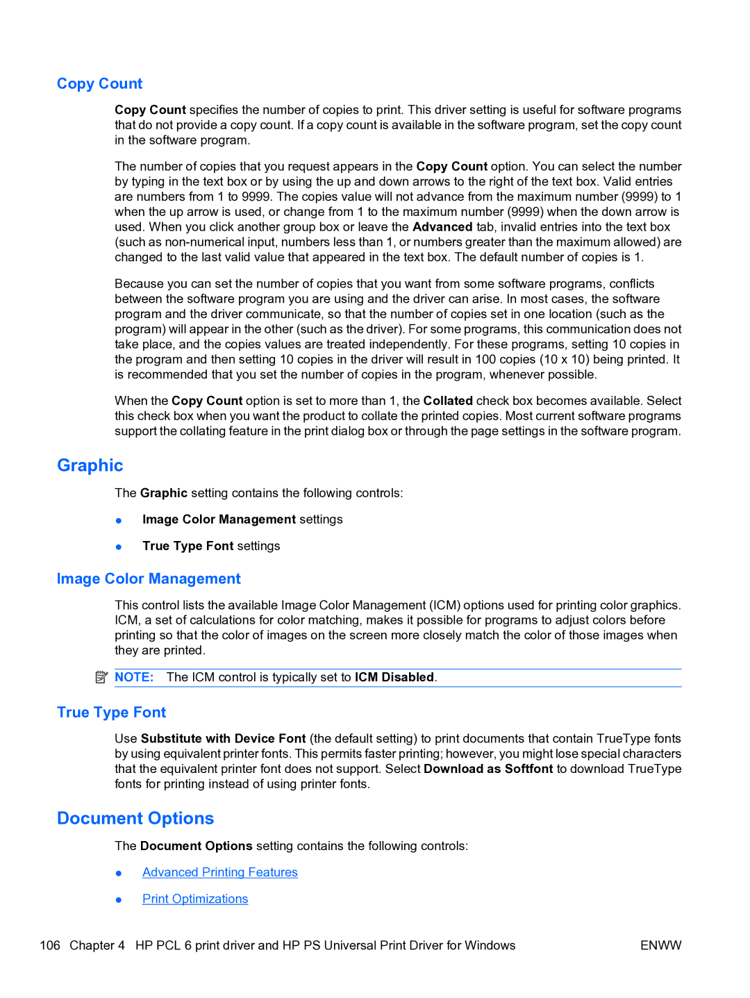 HP CP4520 manual Graphic, Document Options, Copy Count, Image Color Management, True Type Font 