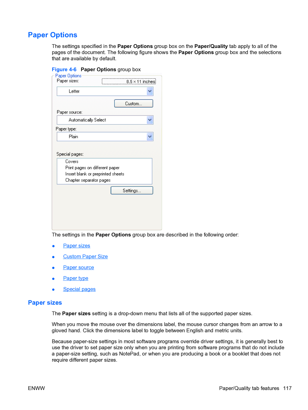 HP CP4520 manual Paper Options, Paper sizes 