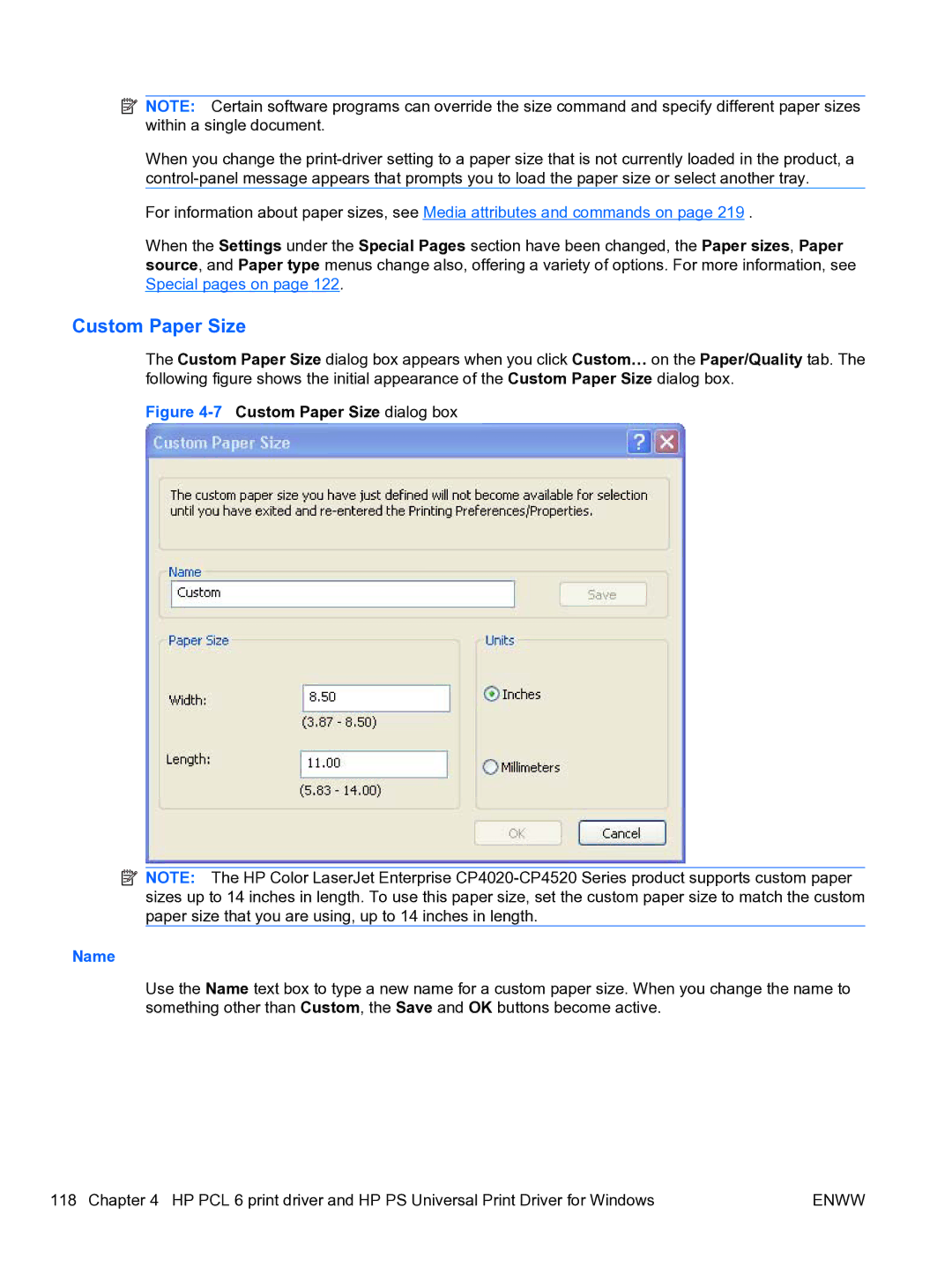 HP CP4520 manual Custom Paper Size, Name 