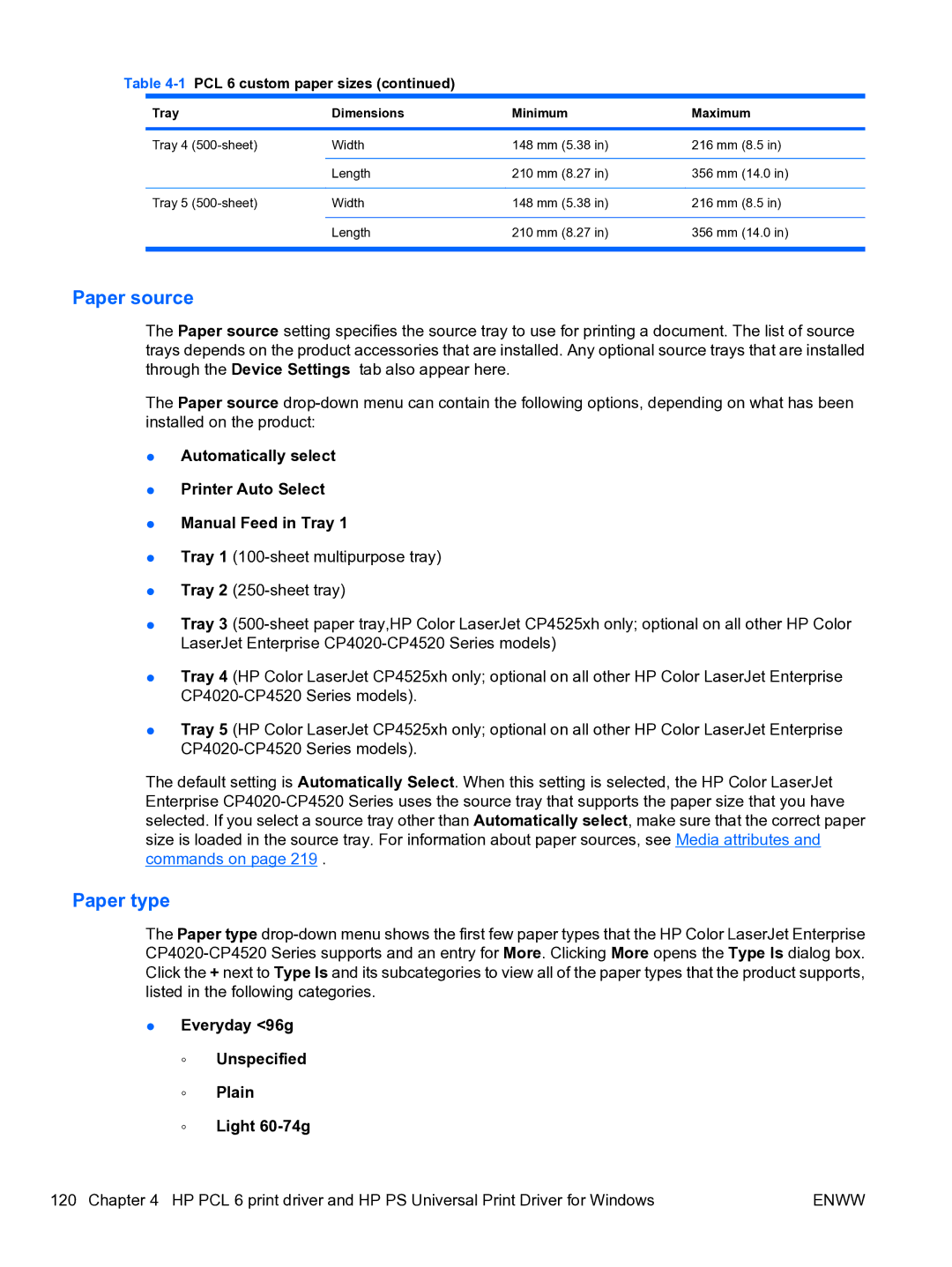 HP CP4520 manual Paper source, Paper type, Everyday 96g Unspecified Plain Light 60-74g 