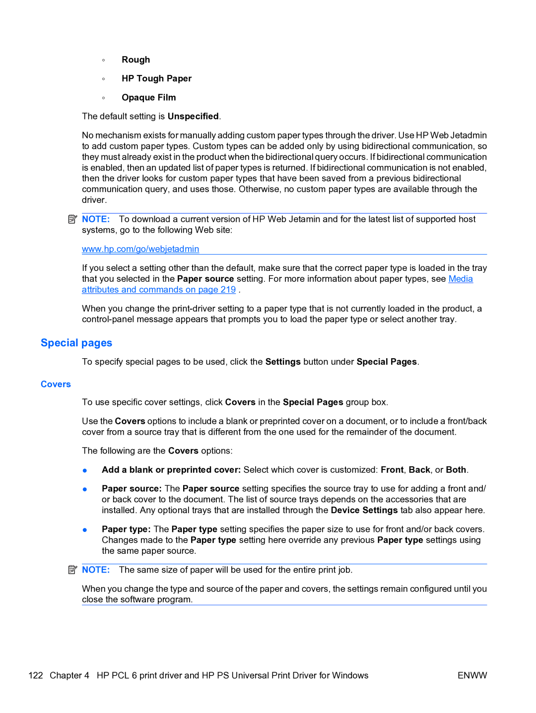 HP CP4520 manual Special pages, Rough HP Tough Paper Opaque Film, Covers 