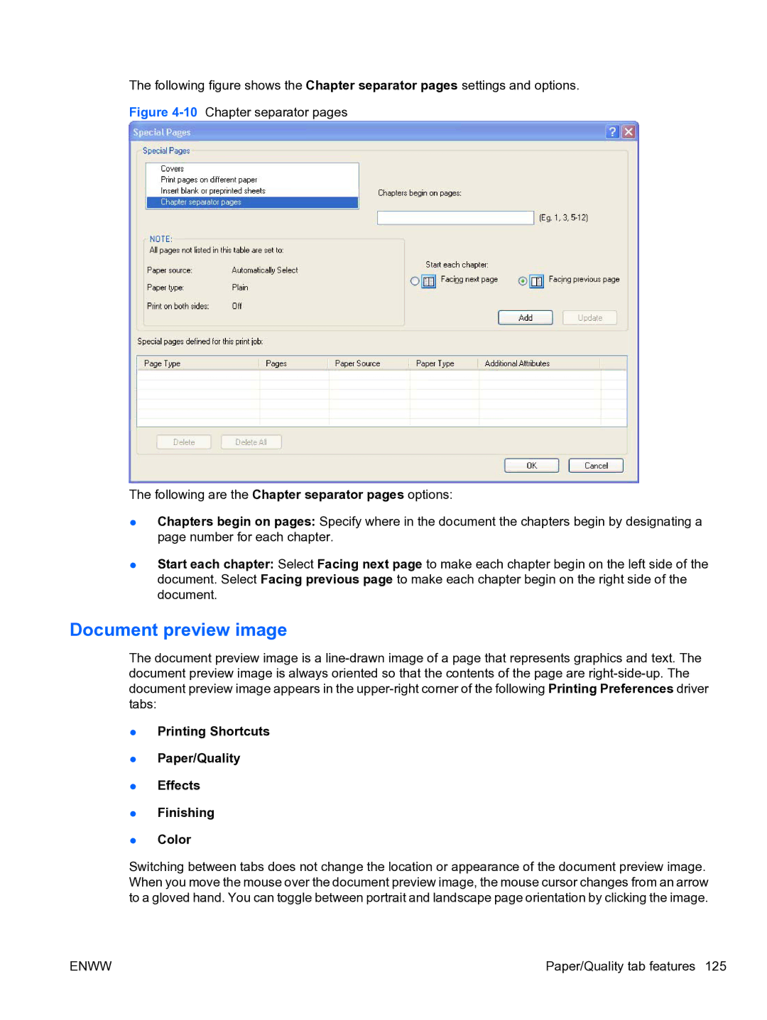 HP CP4520 manual Document preview image, Printing Shortcuts Paper/Quality Effects Finishing Color 