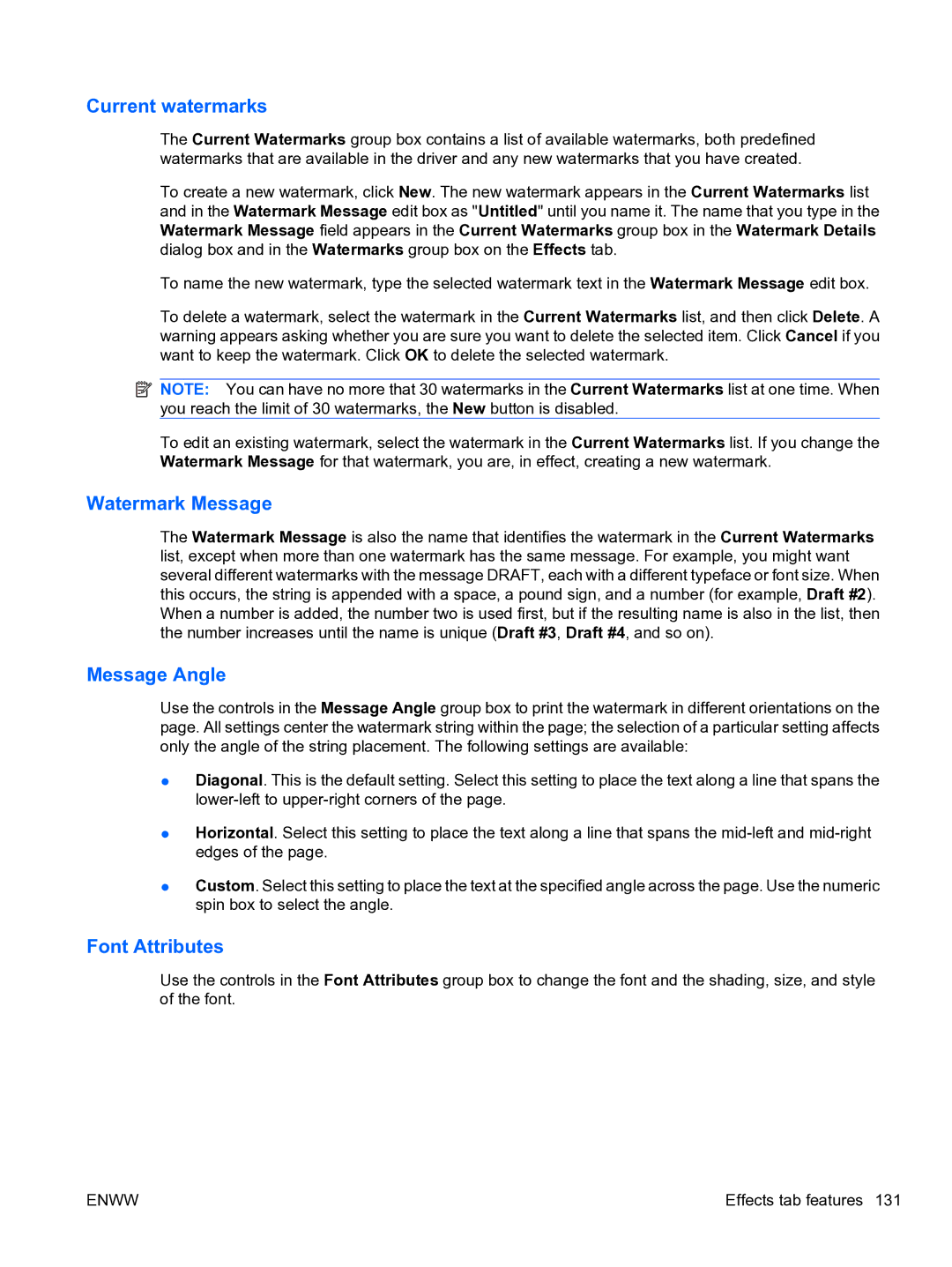 HP CP4520 manual Current watermarks, Watermark Message, Message Angle, Font Attributes 