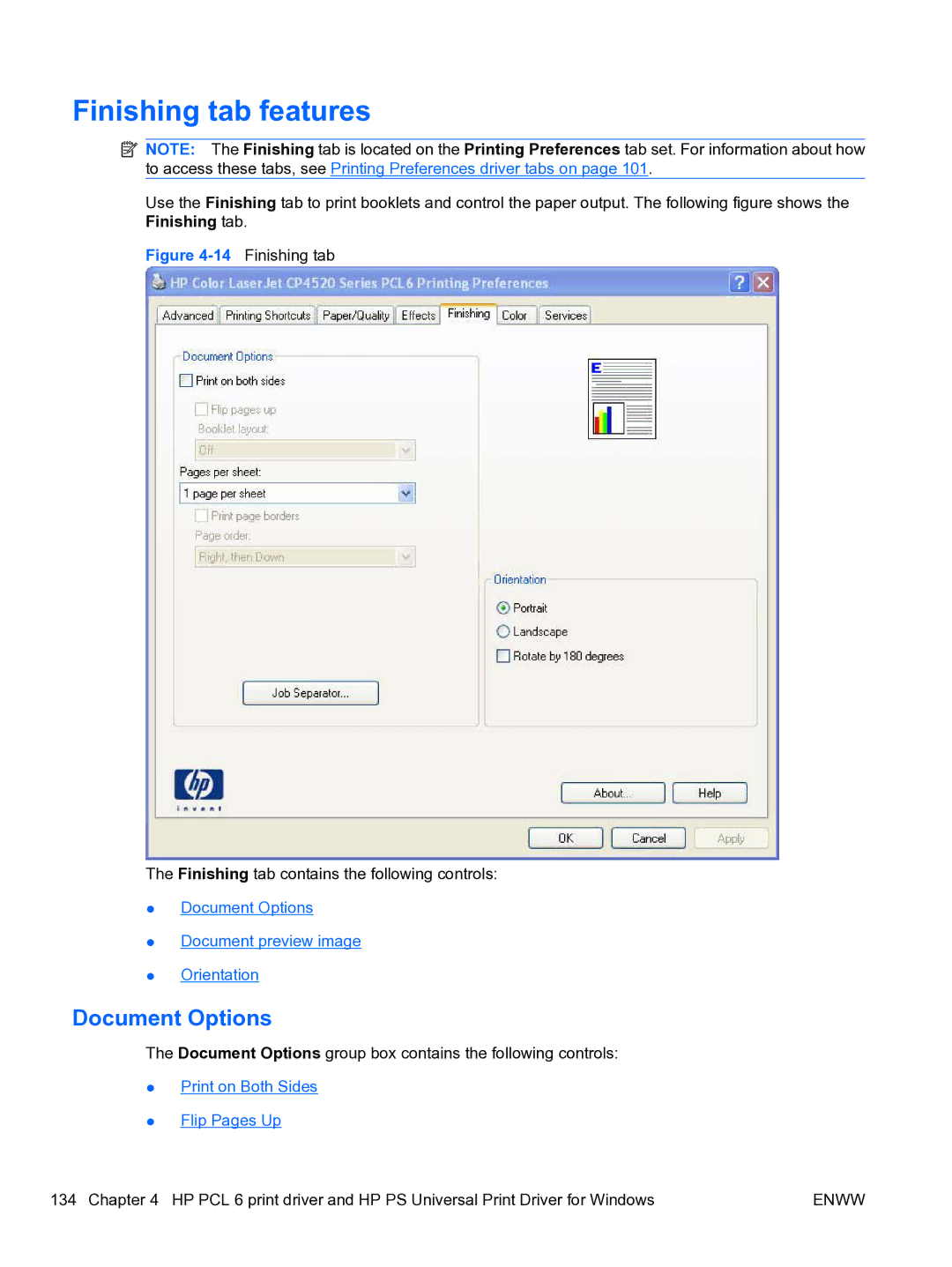 HP CP4520 manual Finishing tab features, Document Options 