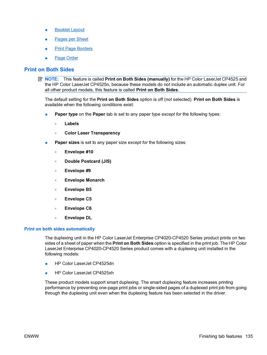 HP CP4520 manual Print on Both Sides, Labels Color Laser Transparency, Print on both sides automatically 