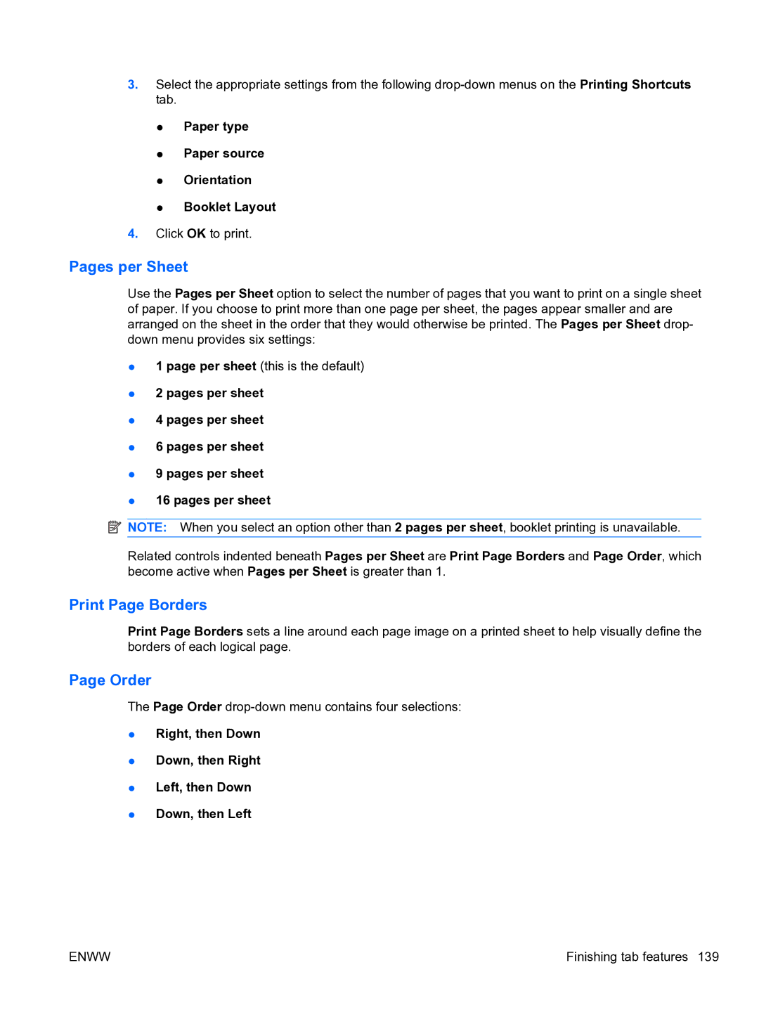 HP CP4520 manual Pages per Sheet, Print Page Borders, Order, Paper type Paper source Orientation Booklet Layout 