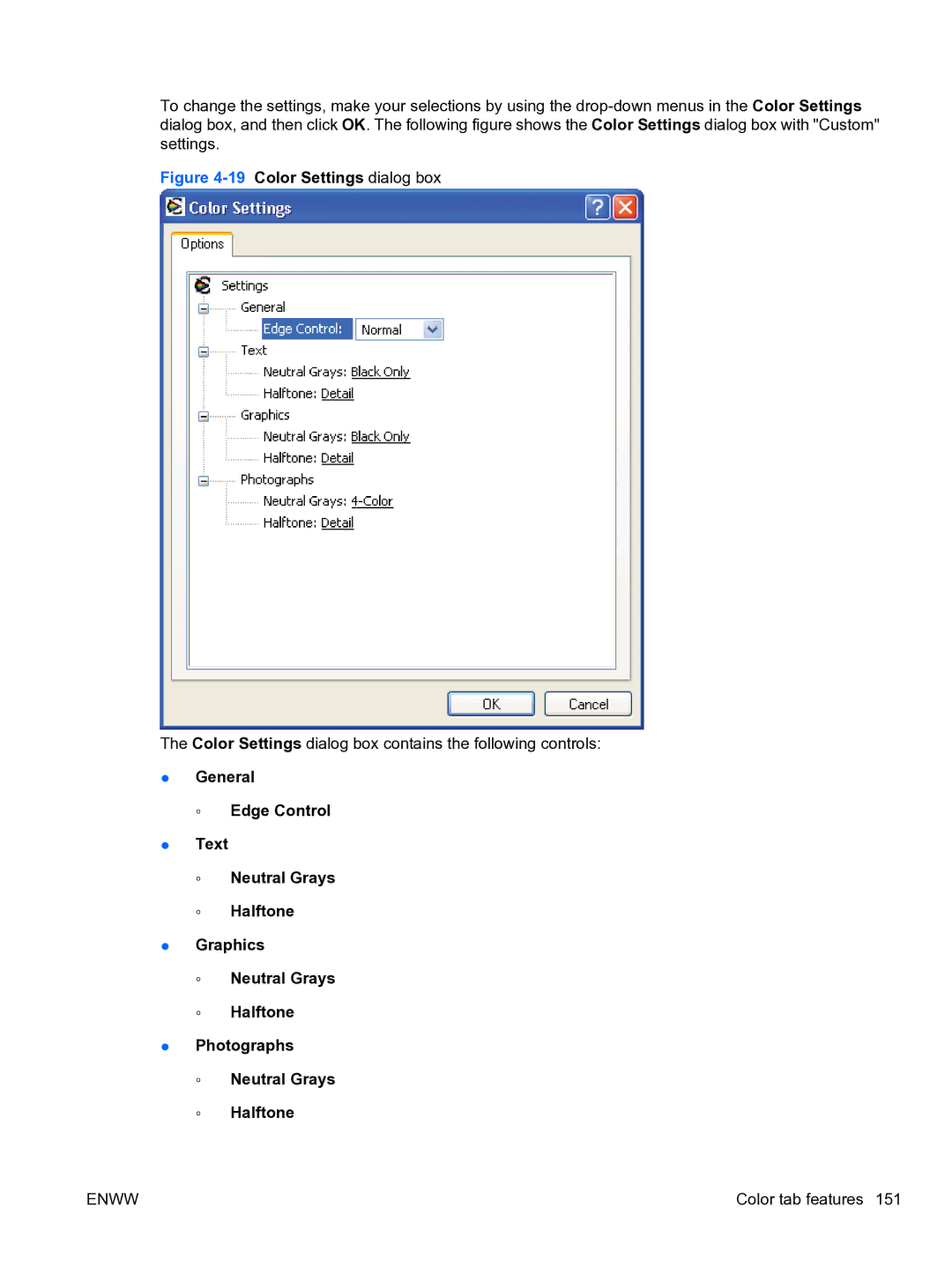 HP CP4520 manual 19Color Settings dialog box 