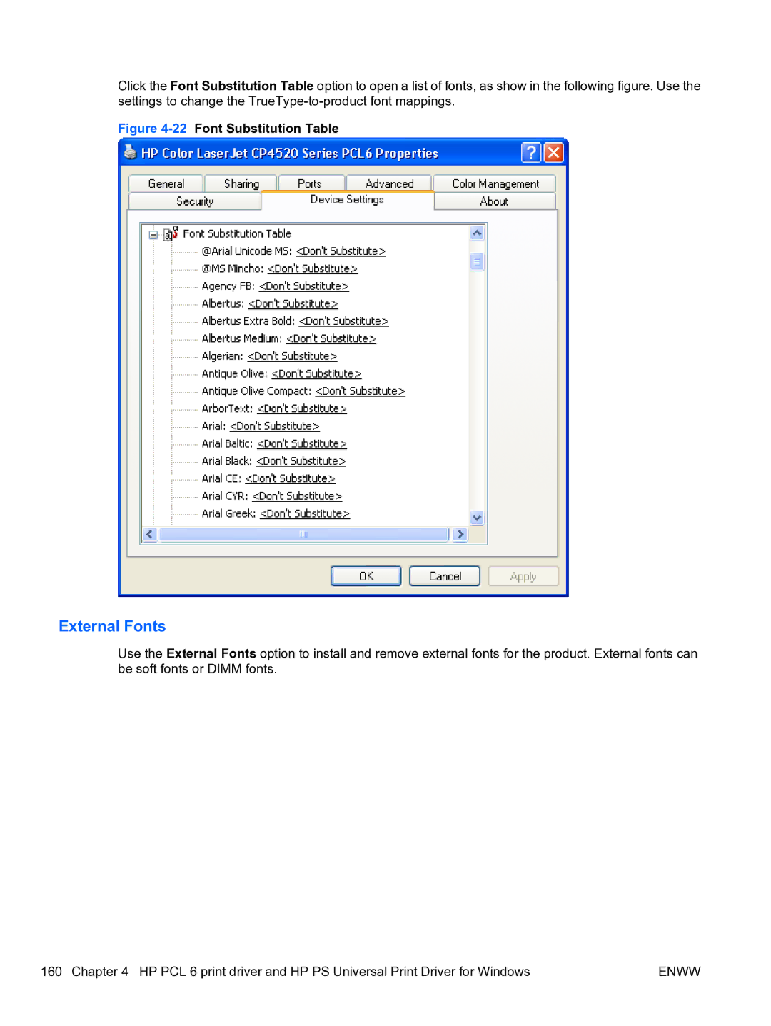 HP CP4520 manual External Fonts, 22Font Substitution Table 