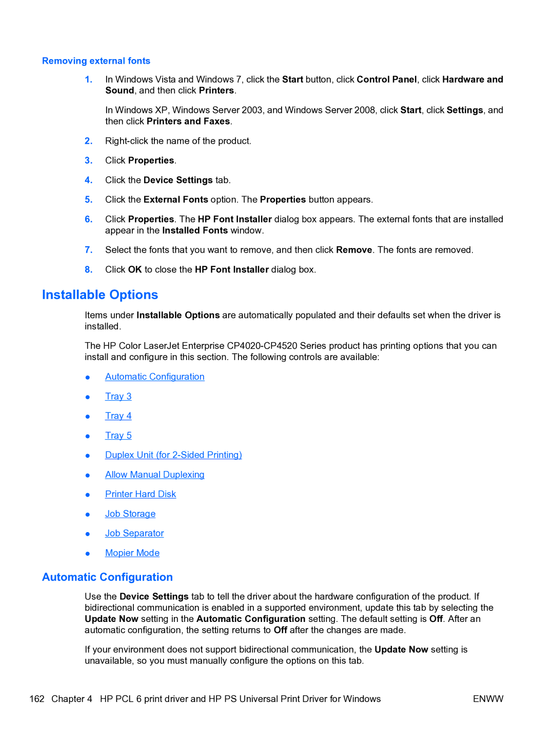 HP CP4520 manual Installable Options, Automatic Configuration, Removing external fonts 