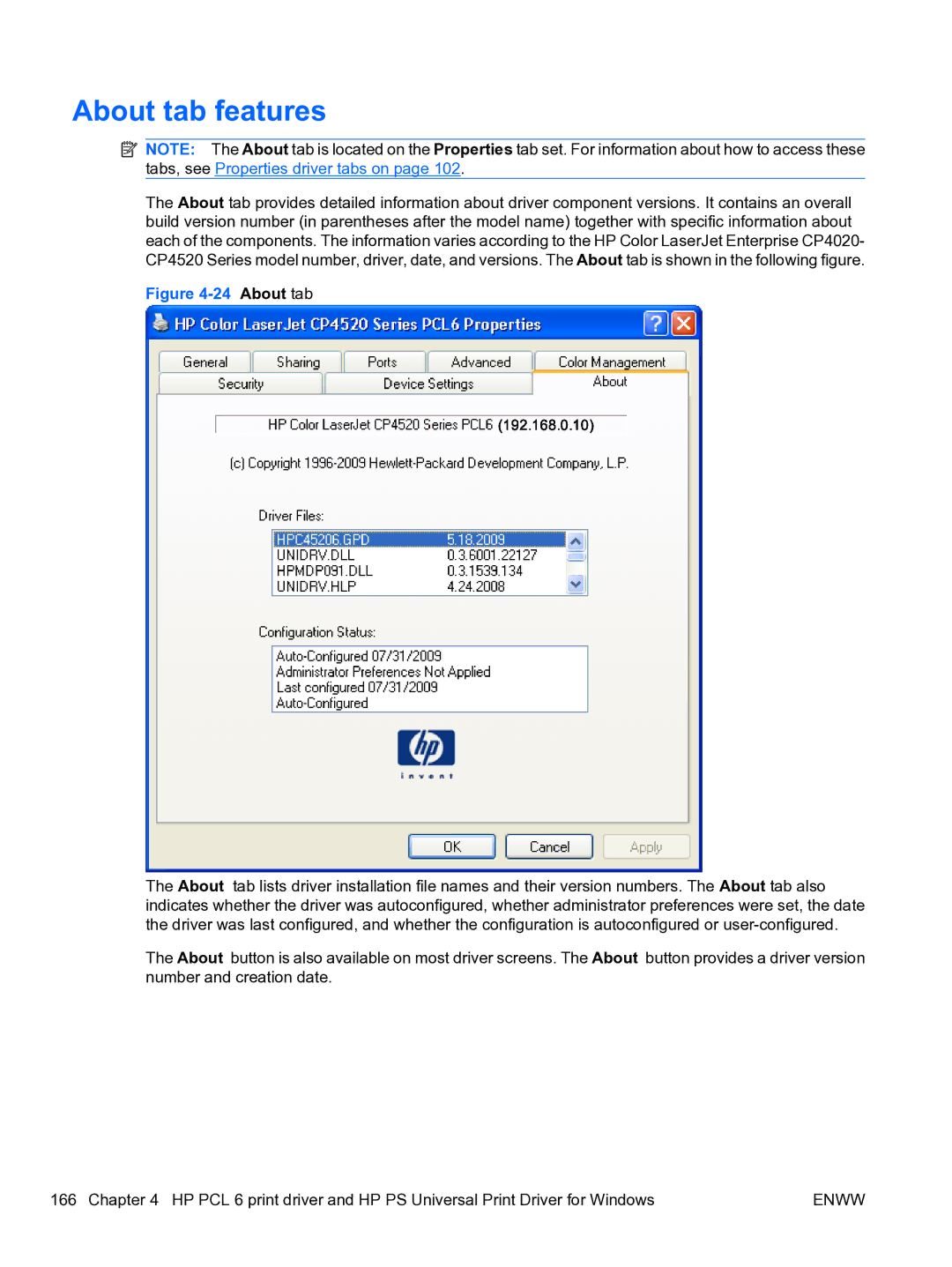 HP CP4520 manual About tab features 