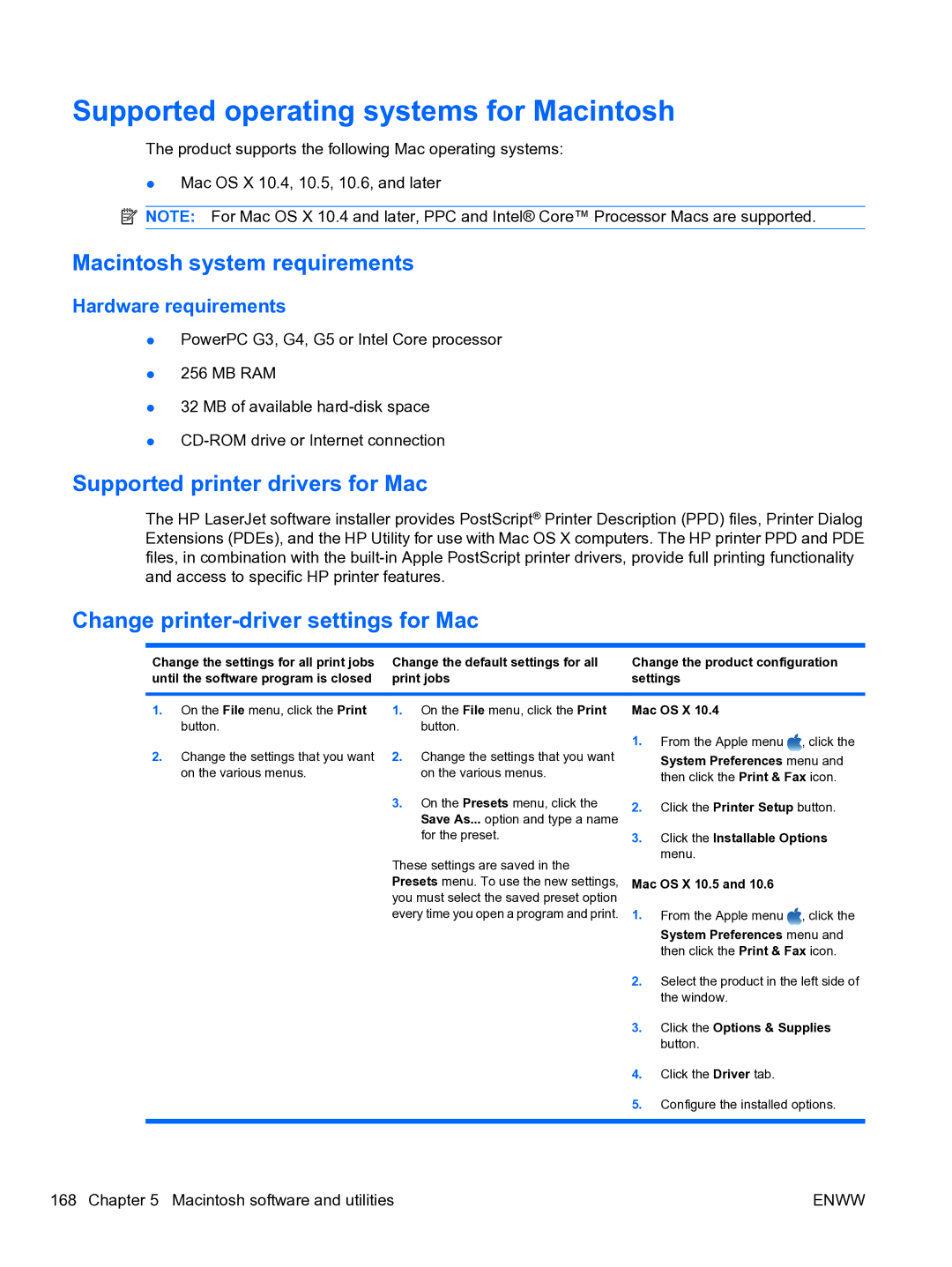 HP CP4520 Supported operating systems for Macintosh, Macintosh system requirements, Supported printer drivers for Mac 