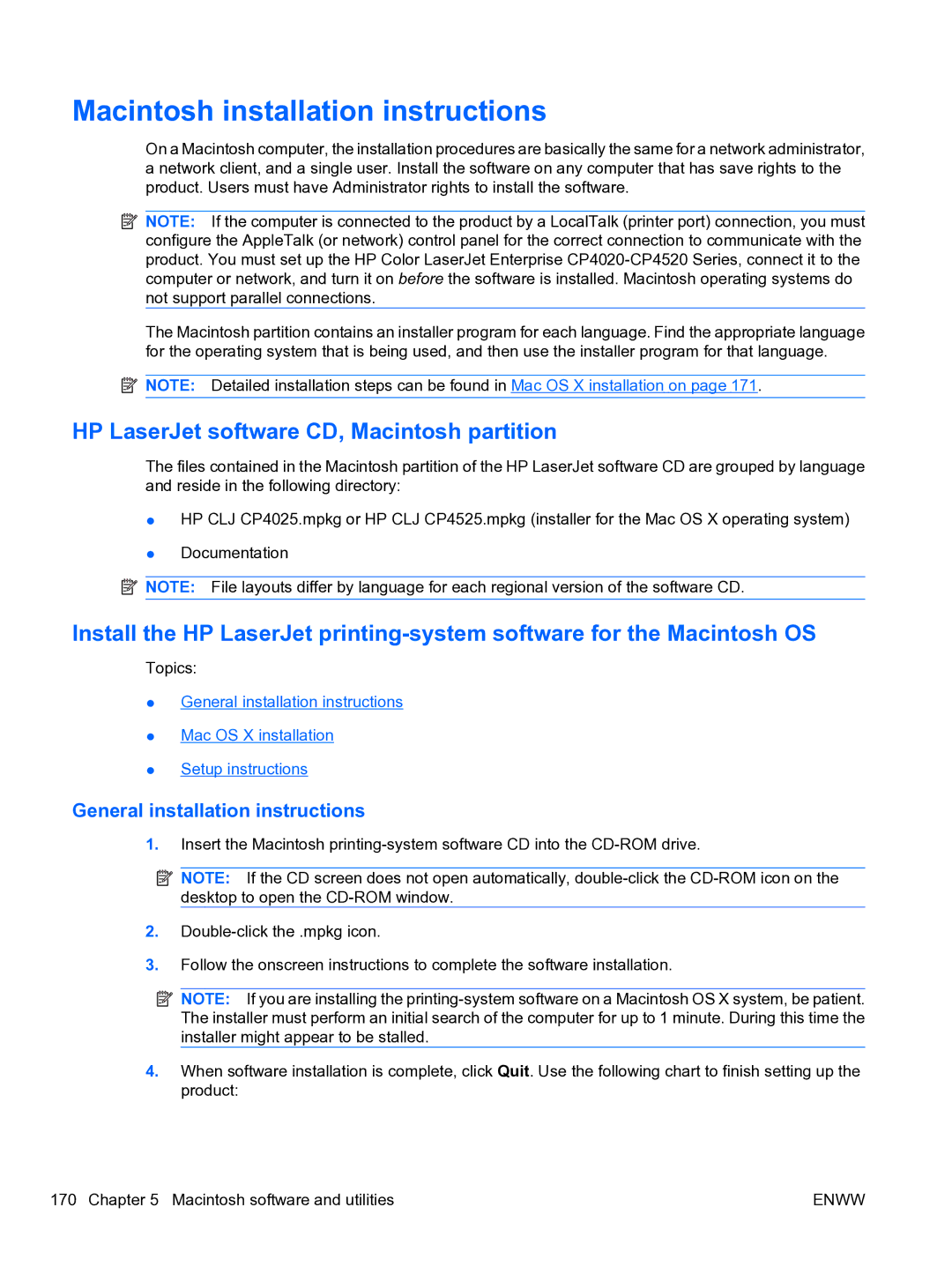 HP CP4520 manual Macintosh installation instructions, HP LaserJet software CD, Macintosh partition 