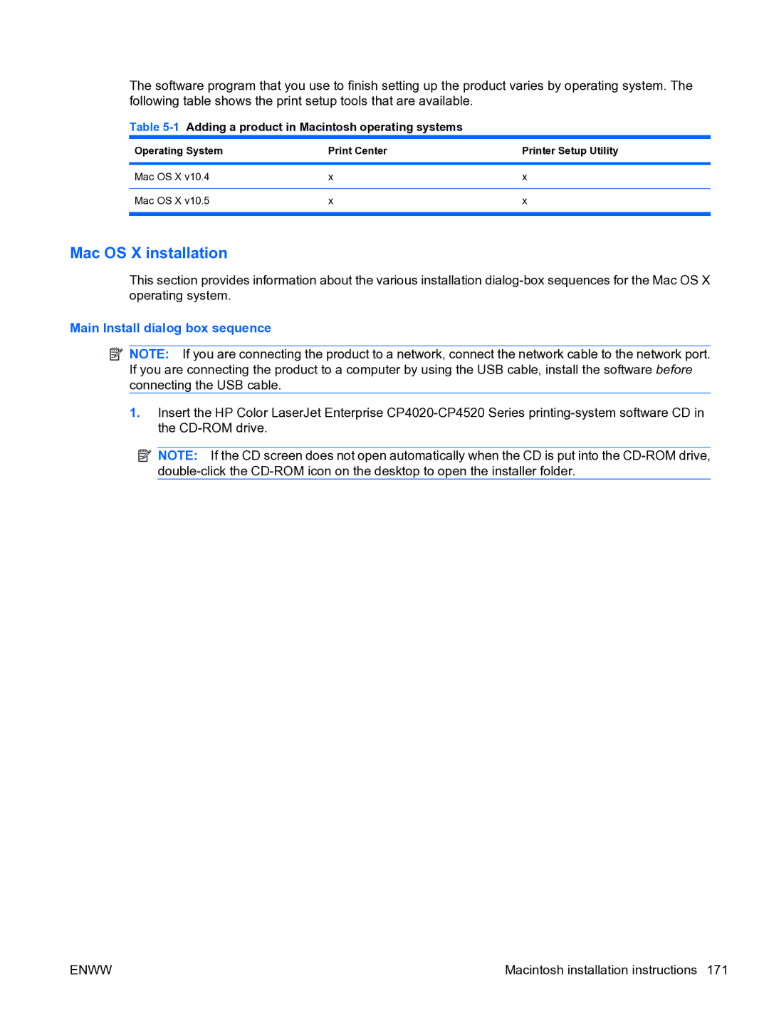 HP CP4520 manual Mac OS X installation, Main Install dialog box sequence, 1Adding a product in Macintosh operating systems 