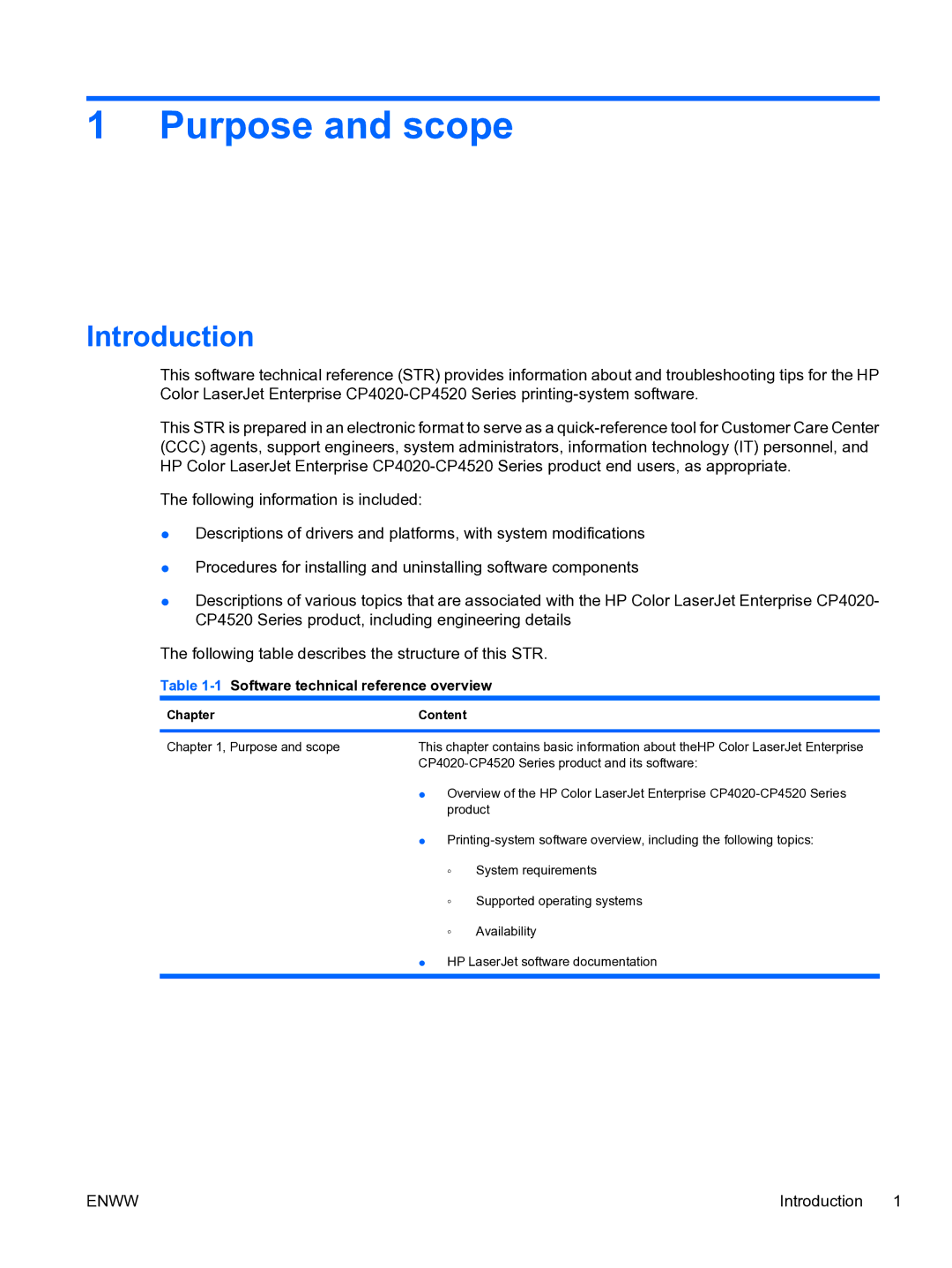 HP CP4520 manual Introduction, 1Software technical reference overview, Chapter Content 