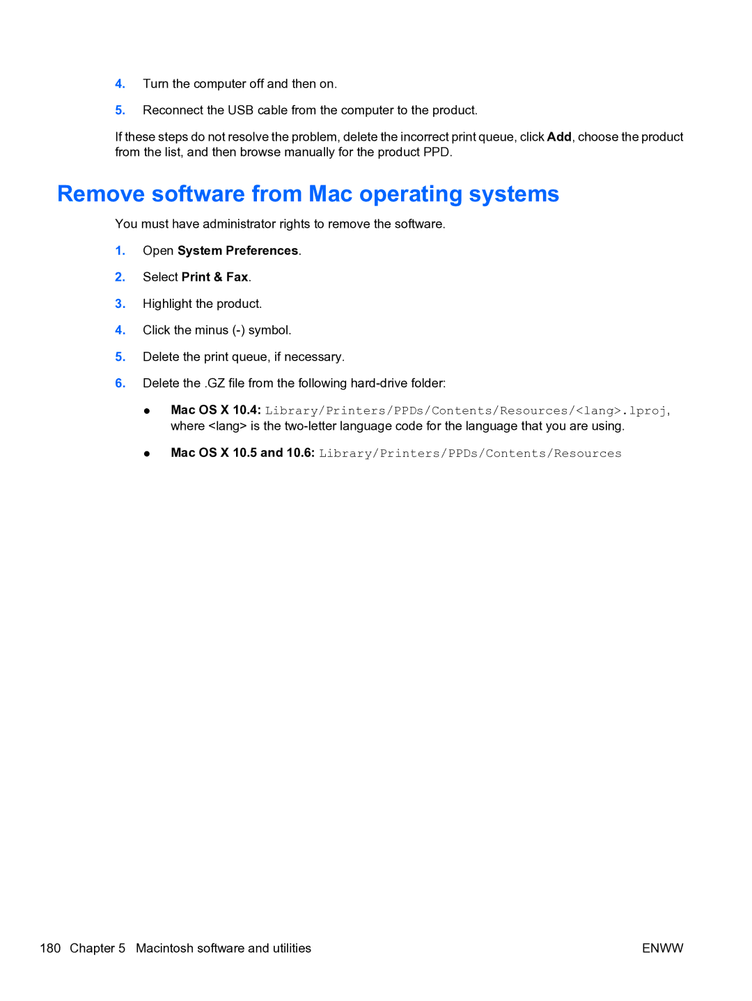 HP CP4520 manual Remove software from Mac operating systems, Open System Preferences Select Print & Fax 