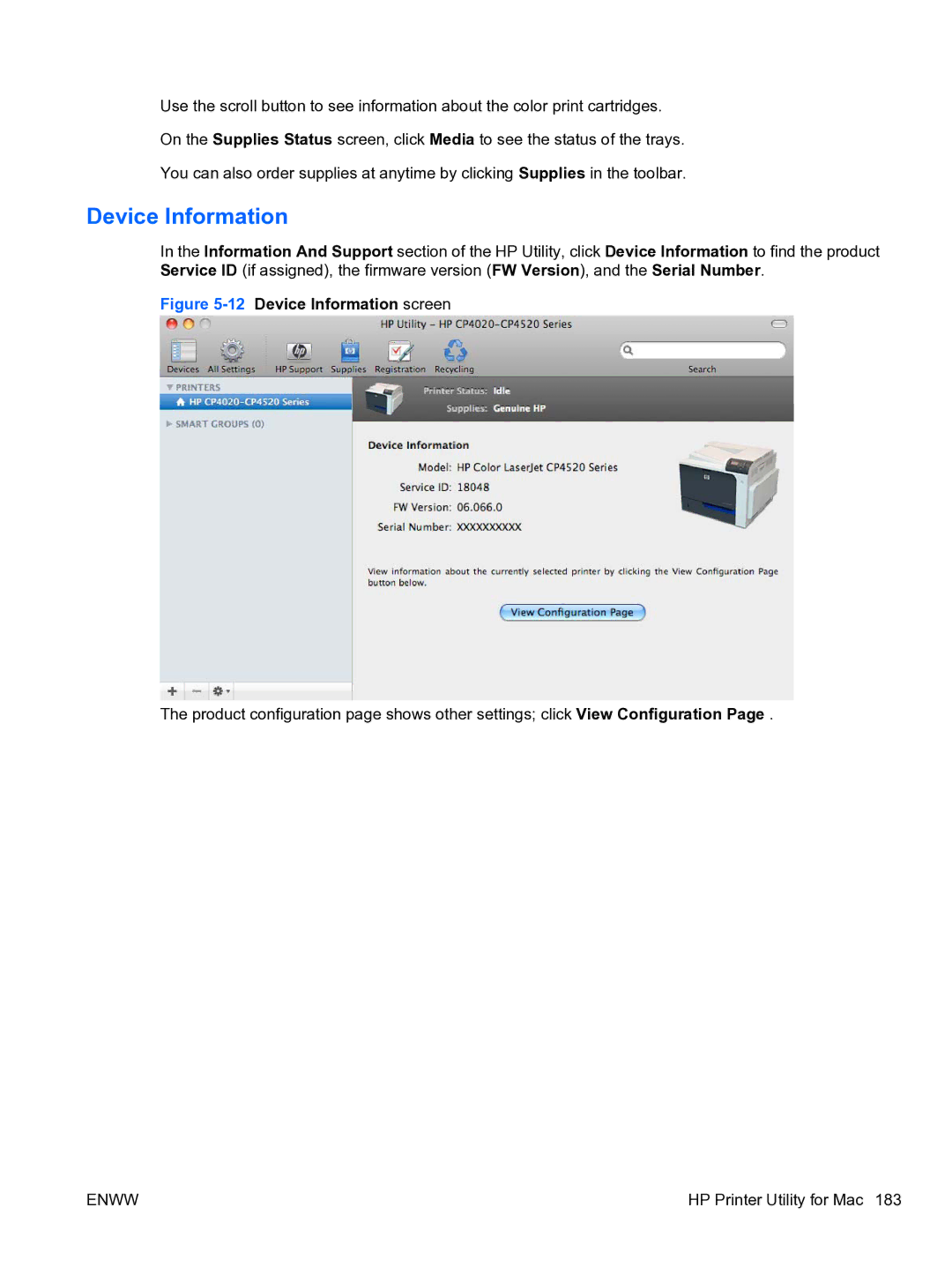 HP CP4520 manual 12Device Information screen 