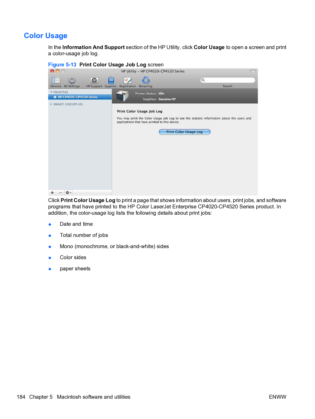 HP CP4520 manual 13Print Color Usage Job Log screen 
