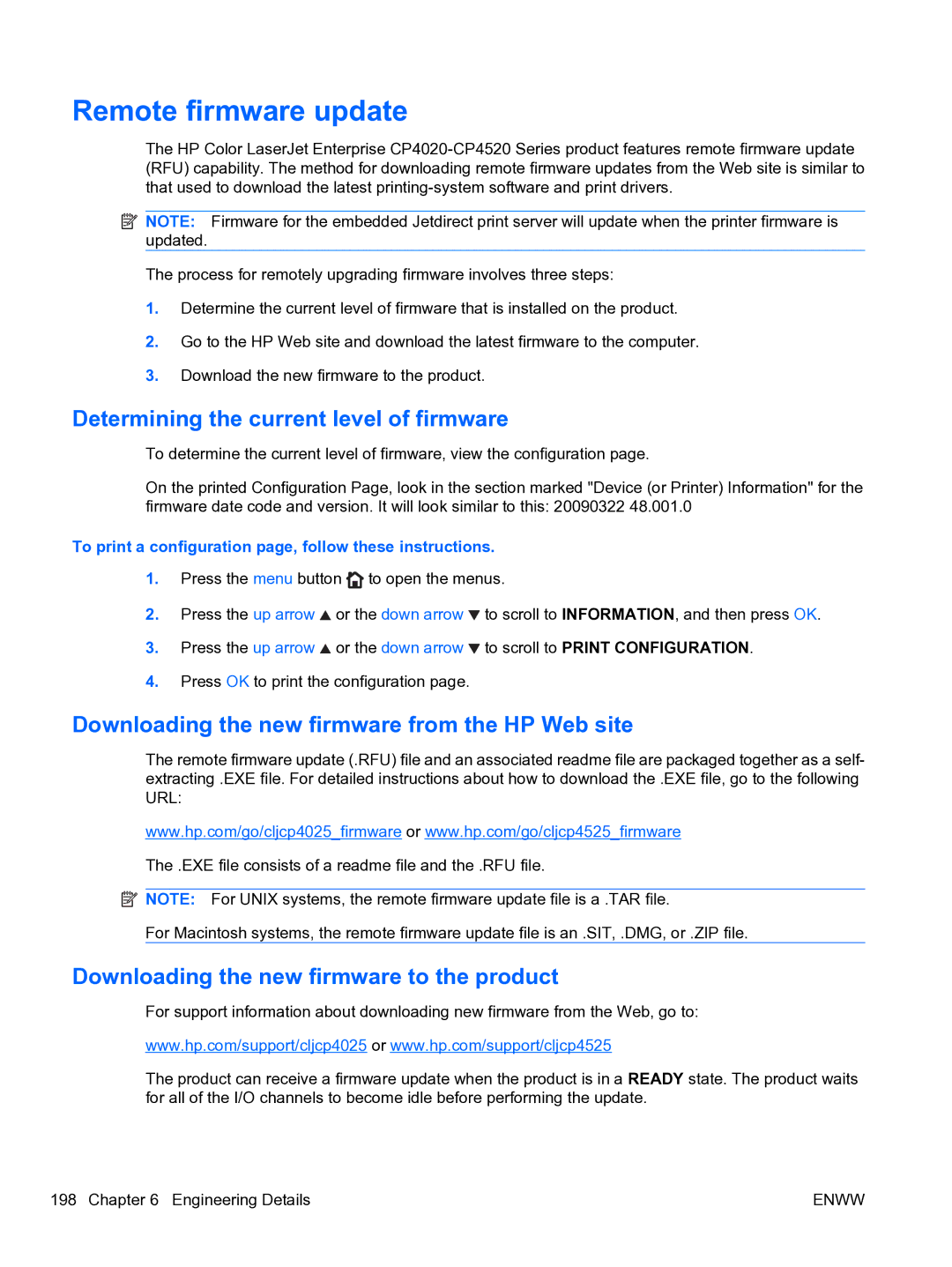 HP CP4520 Remote firmware update, Determining the current level of firmware, Downloading the new firmware to the product 