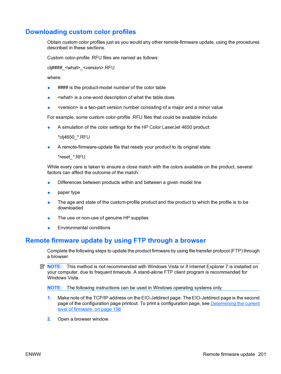 HP CP4520 manual Downloading custom color profiles, Remote firmware update by using FTP through a browser 