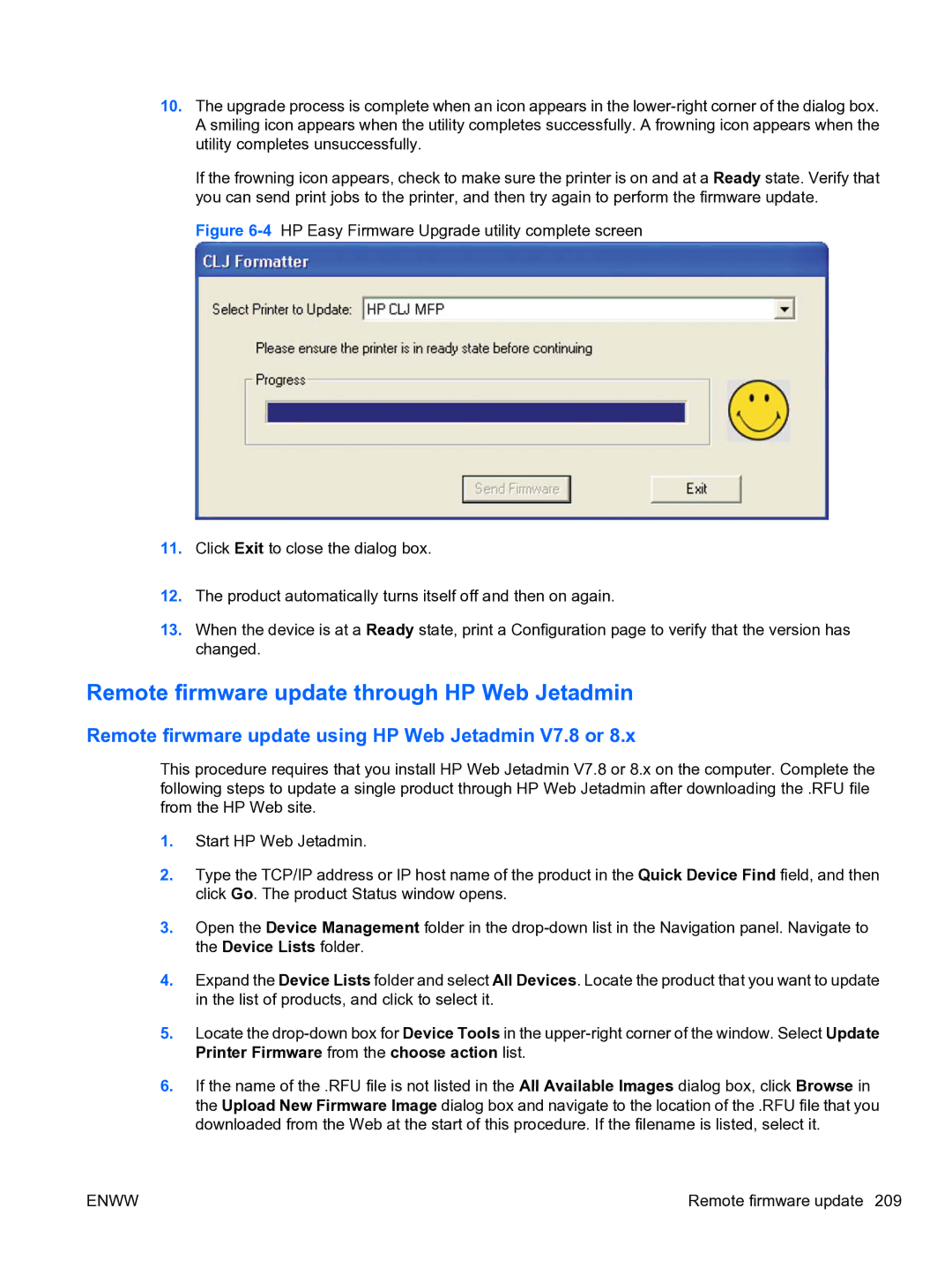 HP CP4520 manual Remote firmware update through HP Web Jetadmin, Remote firwmare update using HP Web Jetadmin V7.8 or 