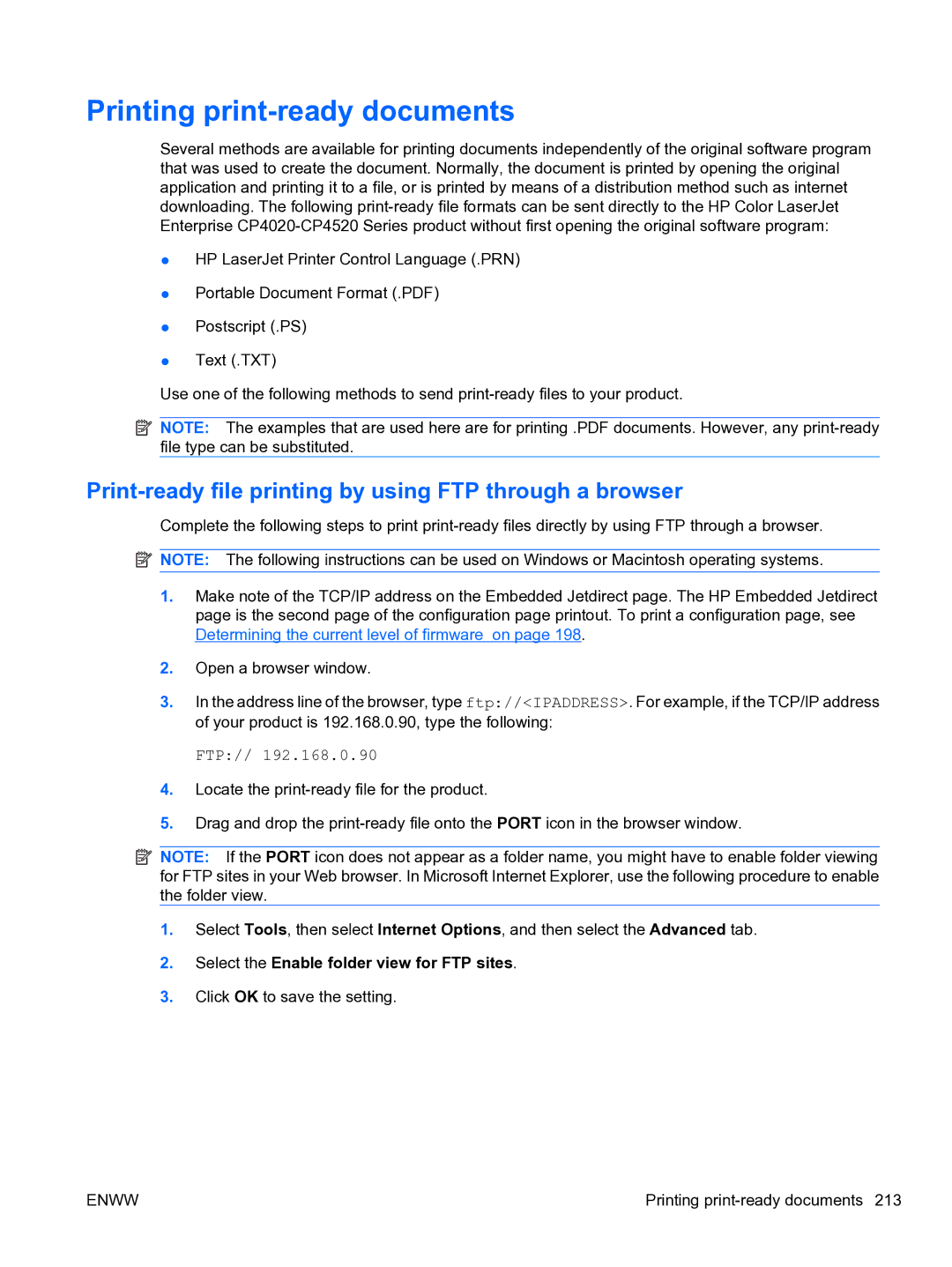 HP CP4520 manual Printing print-ready documents, Print-ready file printing by using FTP through a browser 