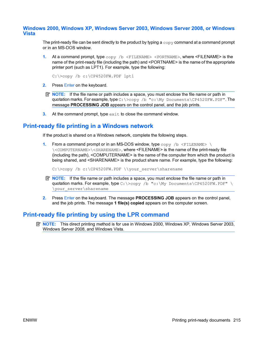 HP CP4520 manual Print-ready file printing in a Windows network, Print-ready file printing by using the LPR command 