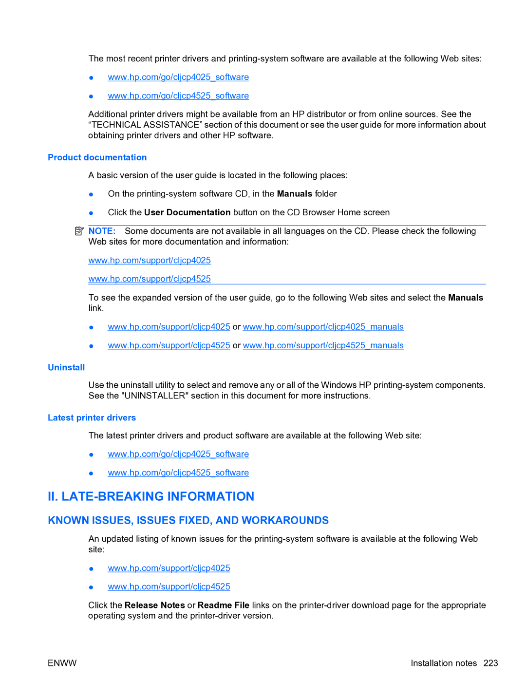 HP CP4520 manual Product documentation, Uninstall, Latest printer drivers 