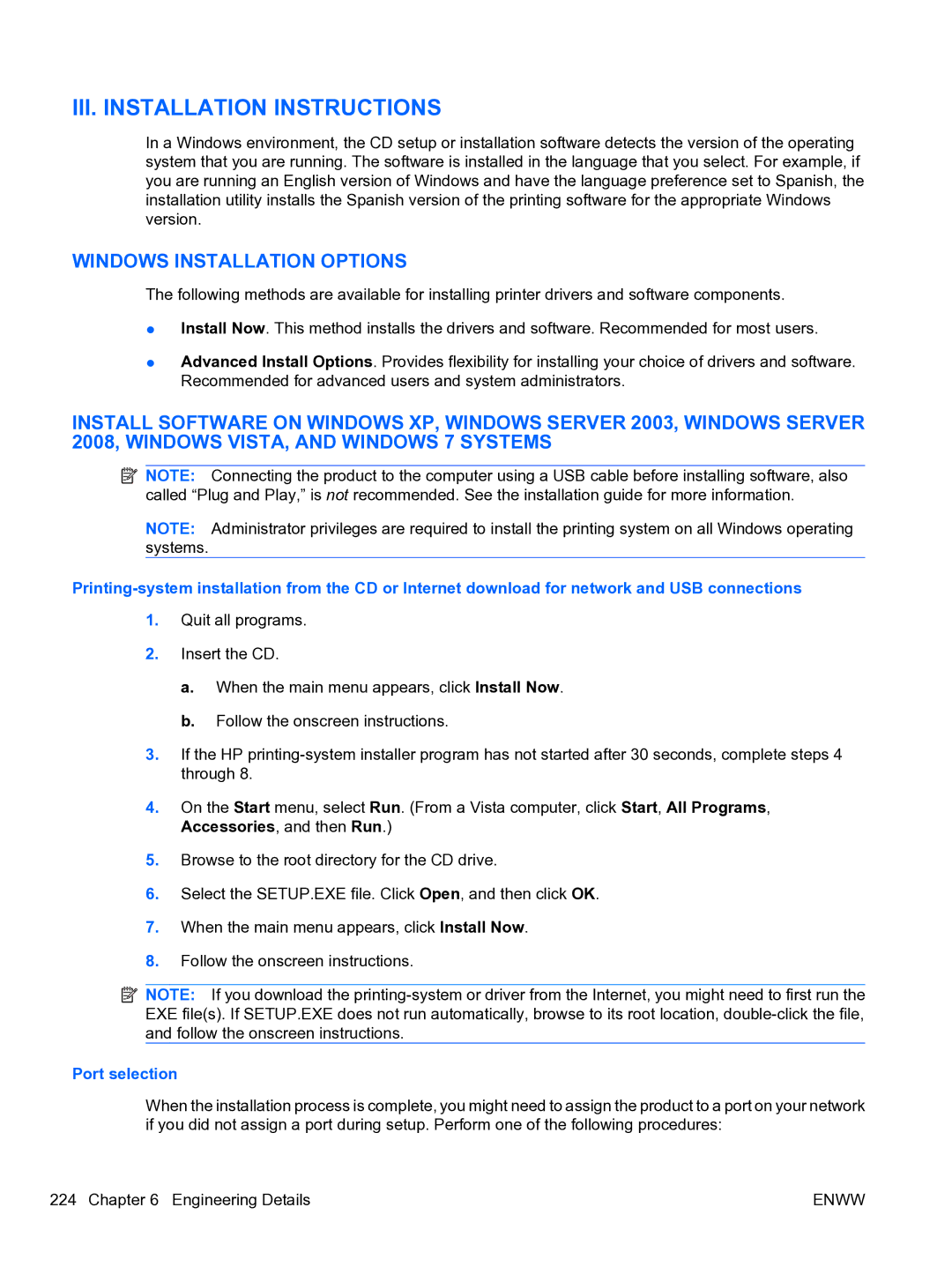 HP CP4520 manual III. Installation Instructions, Port selection 