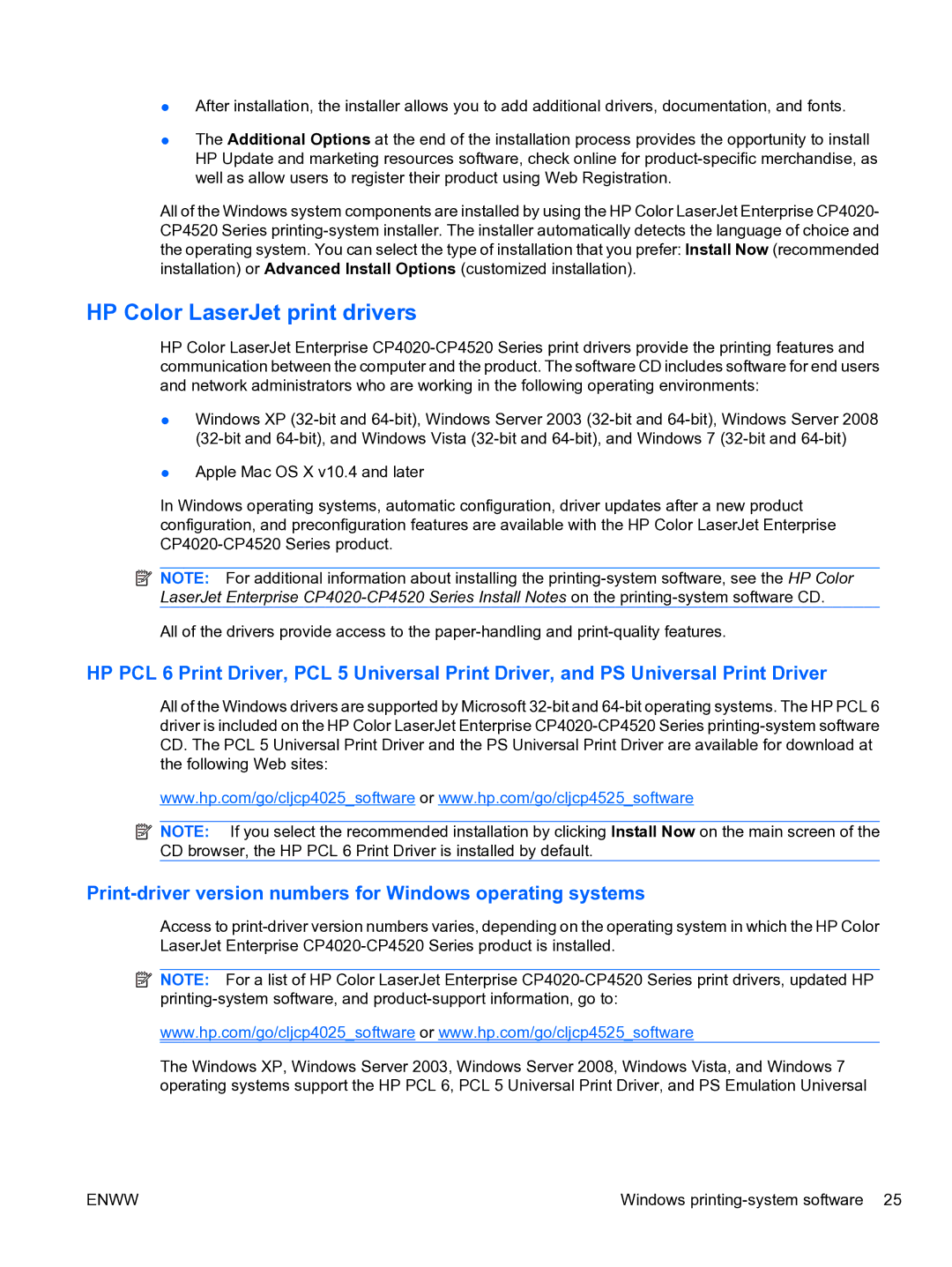 HP CP4520 manual HP Color LaserJet print drivers, Print-driver version numbers for Windows operating systems 