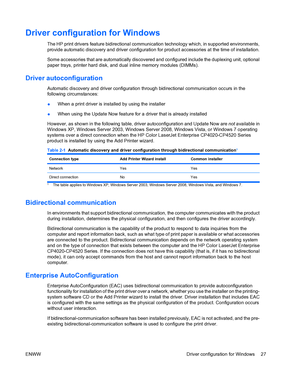 HP CP4520 manual Driver configuration for Windows, Driver autoconfiguration, Bidirectional communication 