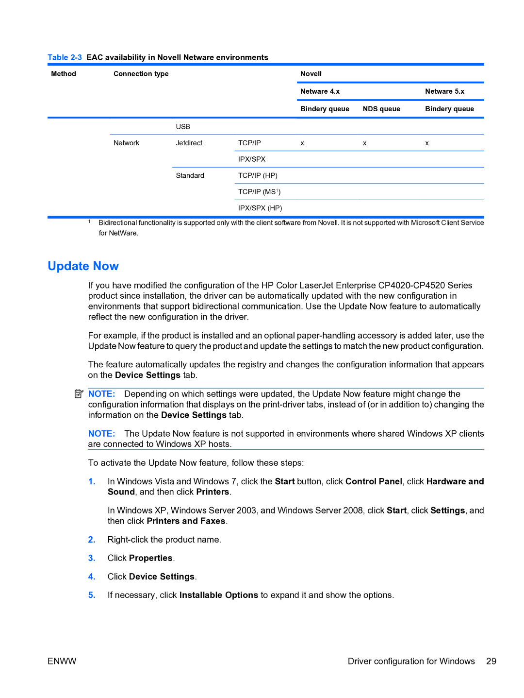 HP CP4520 manual Update Now, Click Properties Click Device Settings, 3EAC availability in Novell Netware environments 